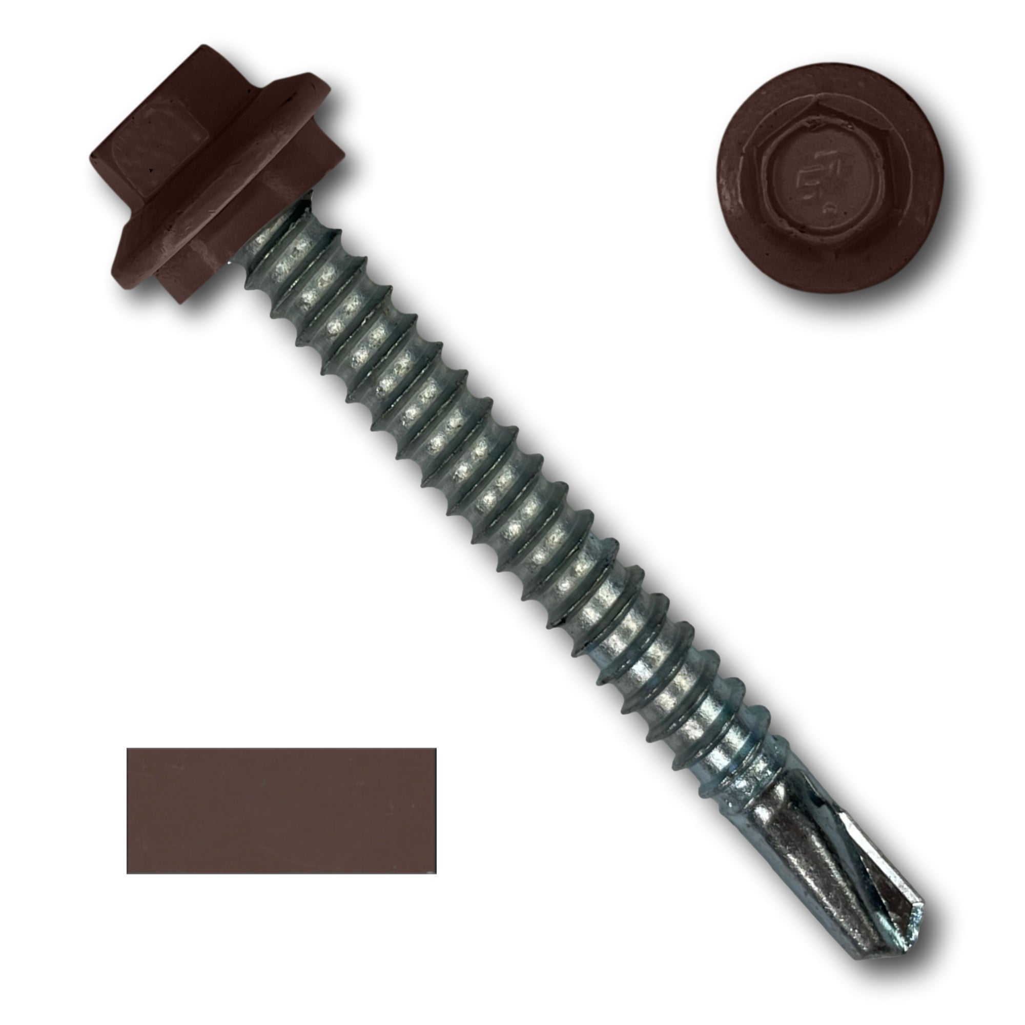 A number 12 Diameter Metal Roofing Screw that is 2 inches long with a 5/16 inch Hex Head and an EPDM Rubber Washer. The screw features a self-drilling tip for drilling into steel purlins. There is a color swatch of the screw head in the bottom left corner and a close-up of the screw head in the top right corner. The screw head is Brown in color.