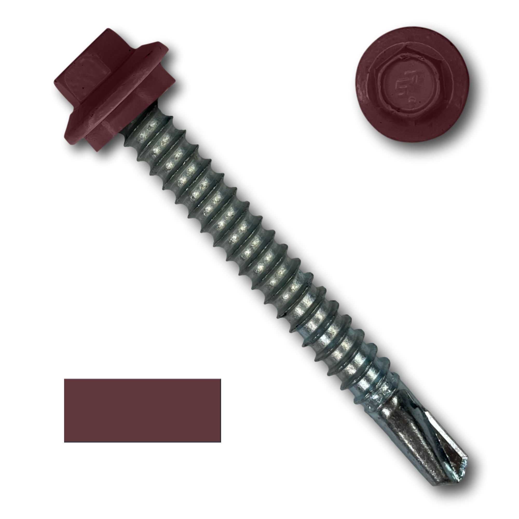 A number 12 Diameter Metal Roofing Screw that is 2 inches long with a 5/16 inch Hex Head and an EPDM Rubber Washer. The screw features a self-drilling tip for drilling into steel purlins. There is a color swatch of the screw head in the bottom left corner and a close-up of the screw head in the top right corner. The screw head is Burgundy in color.