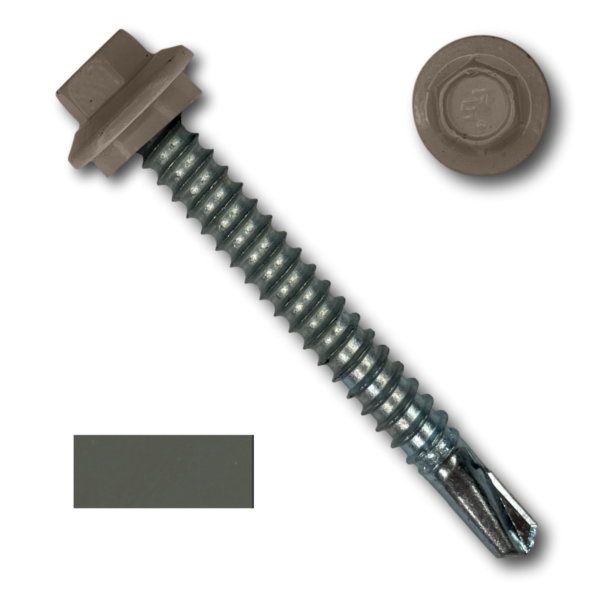 A number 12 Diameter Metal Roofing Screw that is 2 inches long with a 5/16 inch Hex Head and an EPDM Rubber Washer. The screw features a self-drilling tip for drilling into steel purlins. There is a color swatch of the screw head in the bottom left corner and a close-up of the screw head in the top right corner. The screw head is Burnished Slate in color.