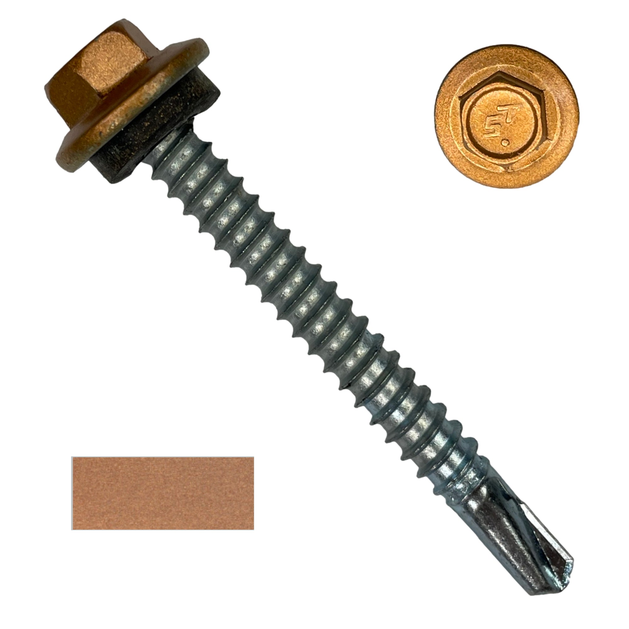 A number 12 Diameter Metal Roofing Screw that is 2 inches long with a 5/16 inch Hex Head and an EPDM Rubber Washer. The screw features a self-drilling tip for drilling into steel purlins. There is a color swatch of the screw head in the bottom left corner and a close-up of the screw head in the top right corner. The screw head is Copper Metallic in color.