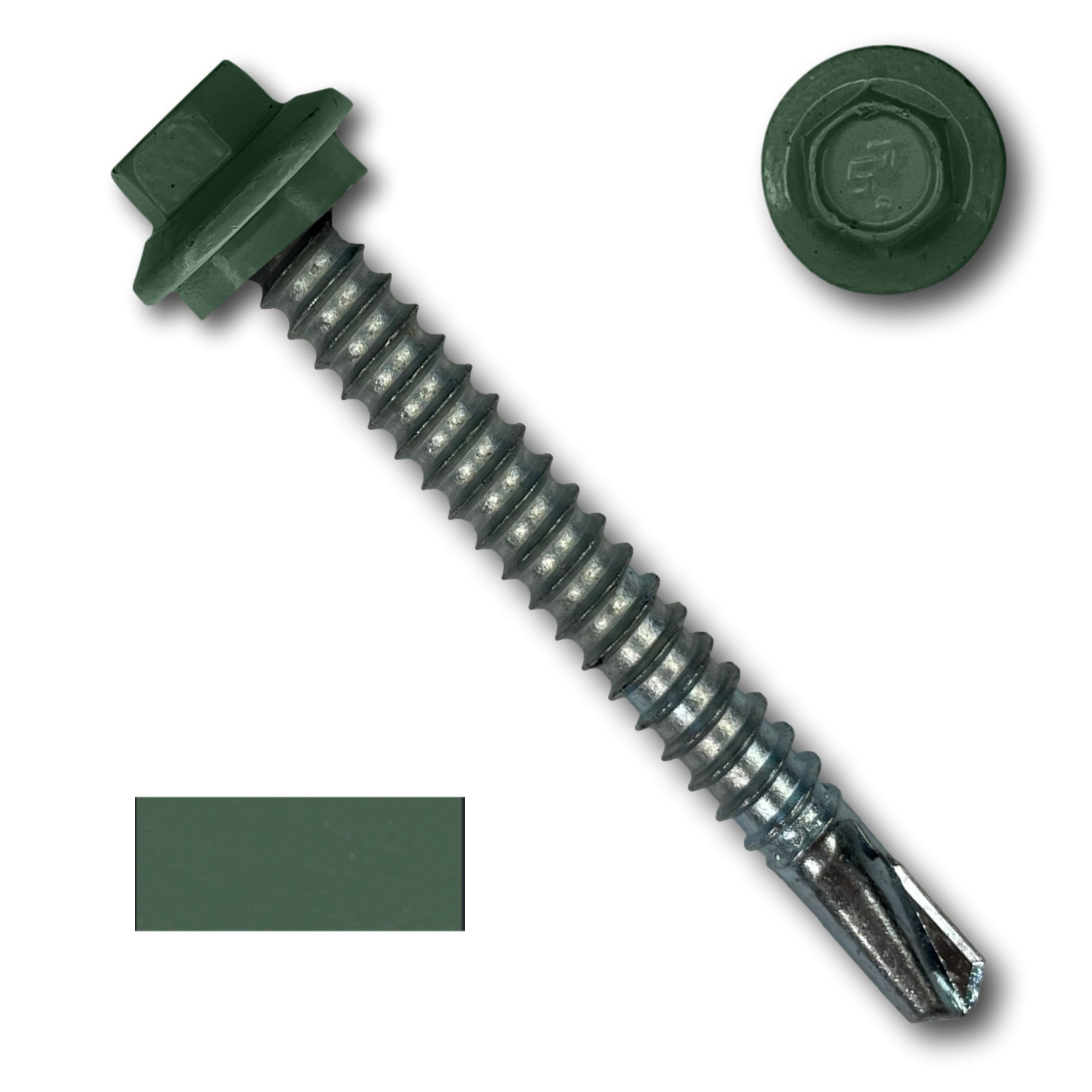 A number 12 Diameter Metal Roofing Screw that is 2 inches long with a 5/16 inch Hex Head and an EPDM Rubber Washer. The screw features a self-drilling tip for drilling into steel purlins. There is a color swatch of the screw head in the bottom left corner and a close-up of the screw head in the top right corner. The screw head is Evergreen in color.