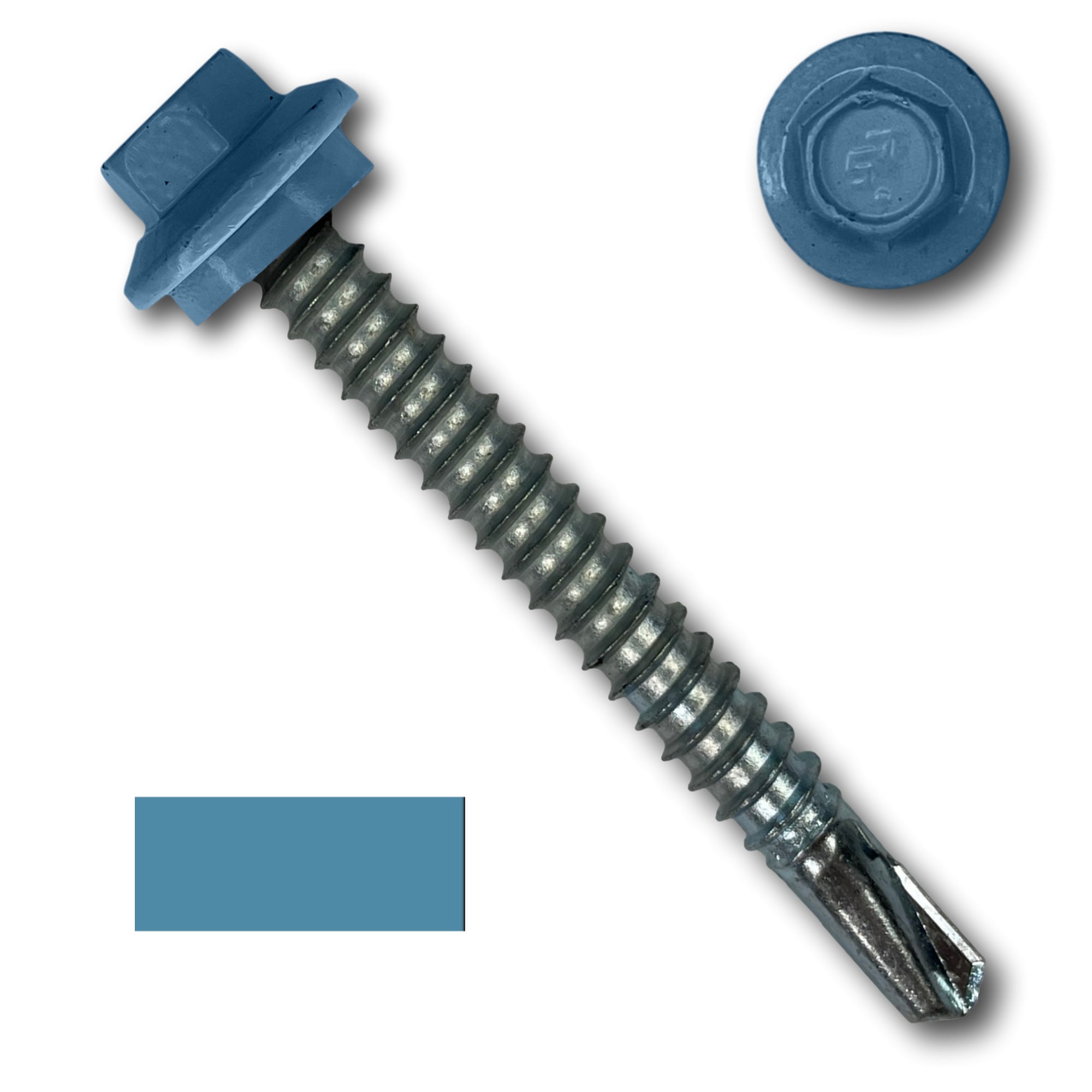 A number 12 Diameter Metal Roofing Screw that is 2 inches long with a 5/16 inch Hex Head and an EPDM Rubber Washer. The screw features a self-drilling tip for drilling into steel purlins. There is a color swatch of the screw head in the bottom left corner and a close-up of the screw head in the top right corner. The screw head is Hawaiian Blue in color.