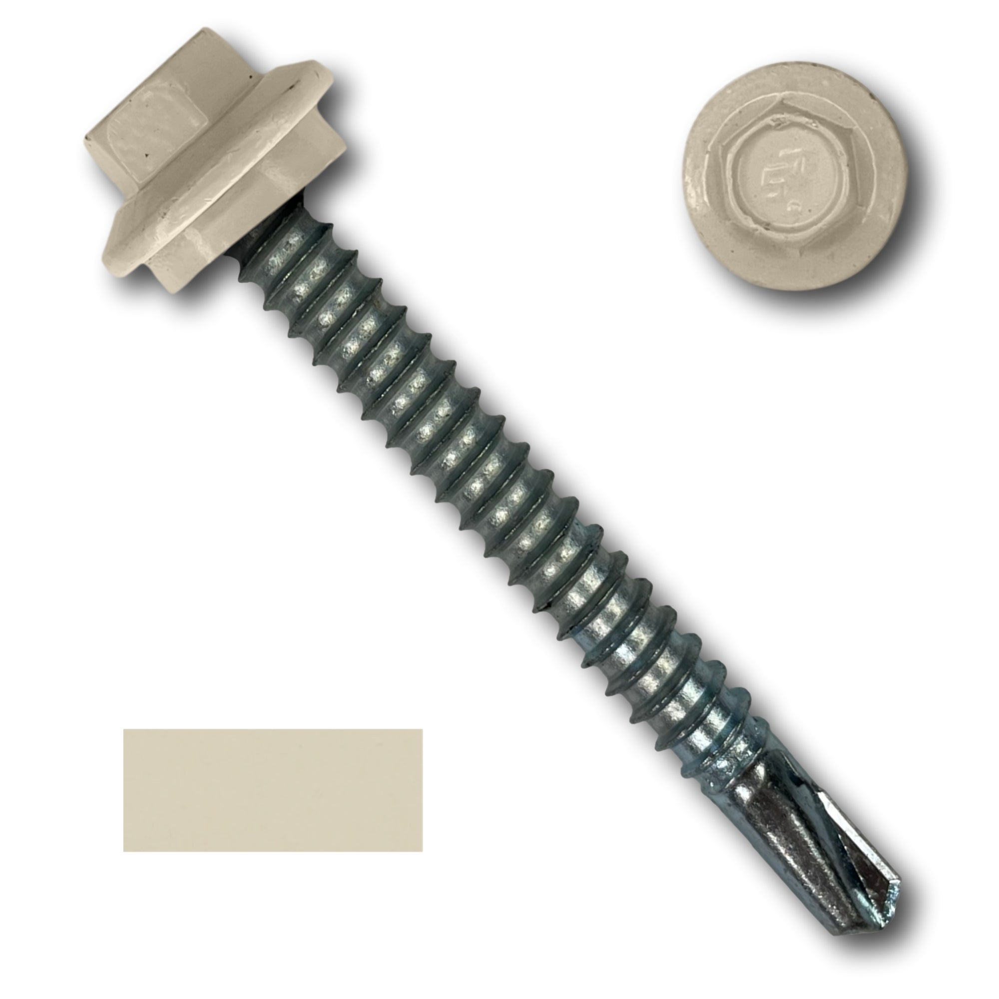 A number 12 Diameter Metal Roofing Screw that is 2 inches long with a 5/16 inch Hex Head and an EPDM Rubber Washer. The screw features a self-drilling tip for drilling into steel purlins. There is a color swatch of the screw head in the bottom left corner and a close-up of the screw head in the top right corner. The screw head is Lightstone in color.