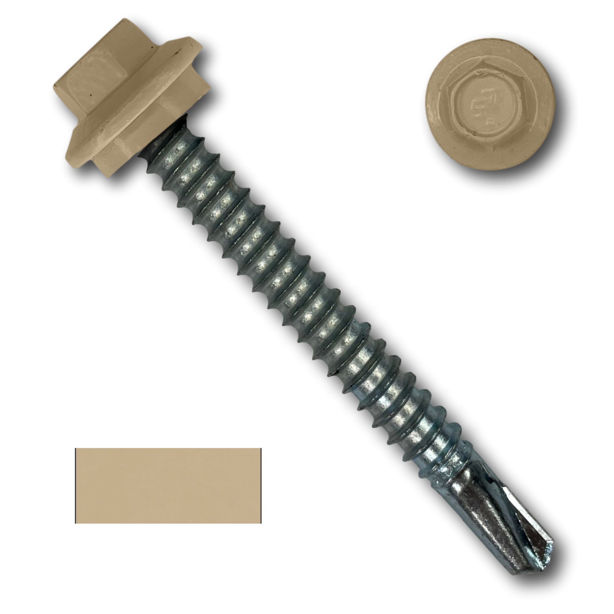 A number 12 Diameter Metal Roofing Screw that is 2 inches long with a 5/16 inch Hex Head and an EPDM Rubber Washer. The screw features a self-drilling tip for drilling into steel purlins. There is a color swatch of the screw head in the bottom left corner and a close-up of the screw head in the top right corner. The screw head is Sahara Tan in color.