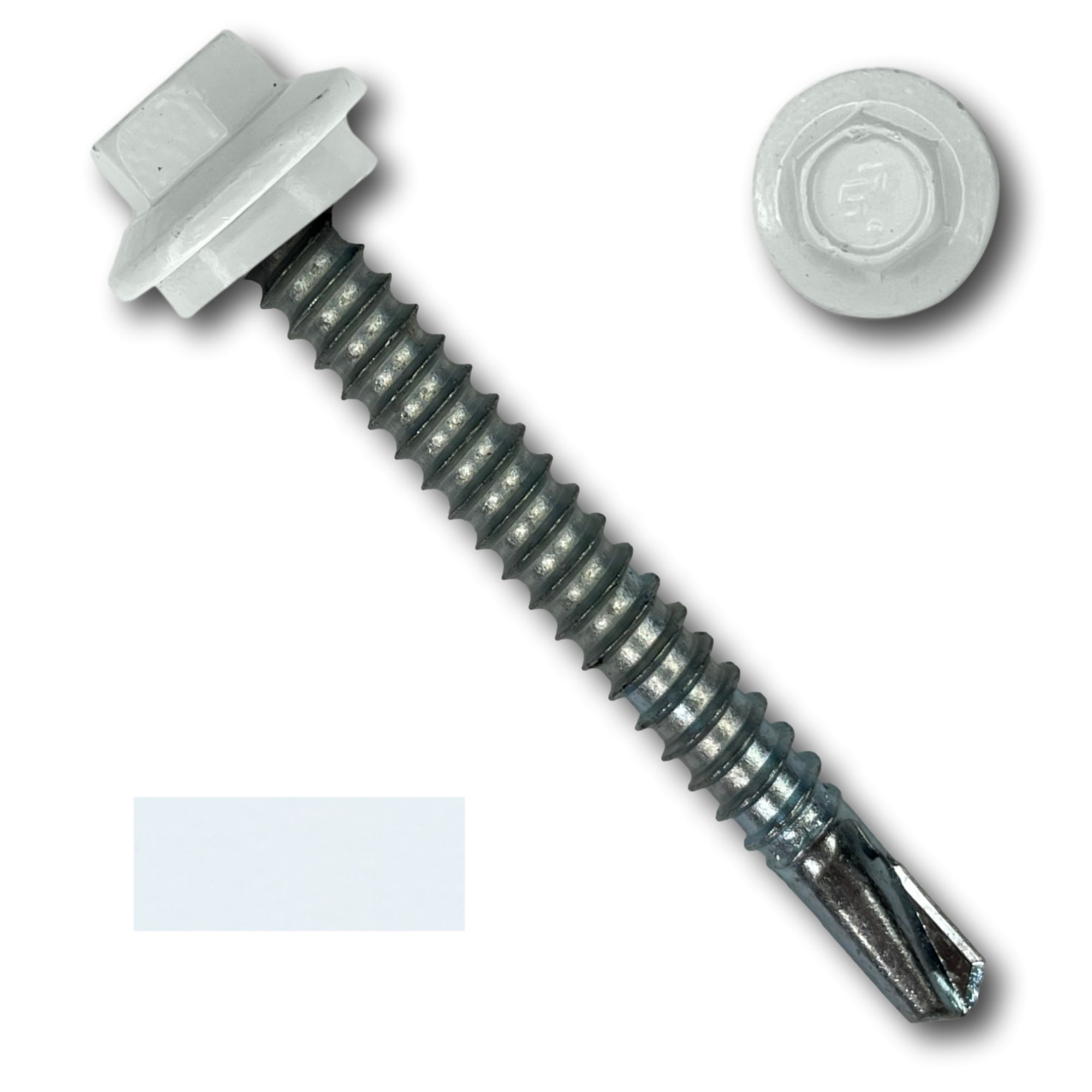 A number 12 Diameter Metal Roofing Screw that is 2 inches long with a 5/16 inch Hex Head and an EPDM Rubber Washer. The screw features a self-drilling tip for drilling into steel purlins. There is a color swatch of the screw head in the bottom left corner and a close-up of the screw head in the top right corner. The screw head is White in color.