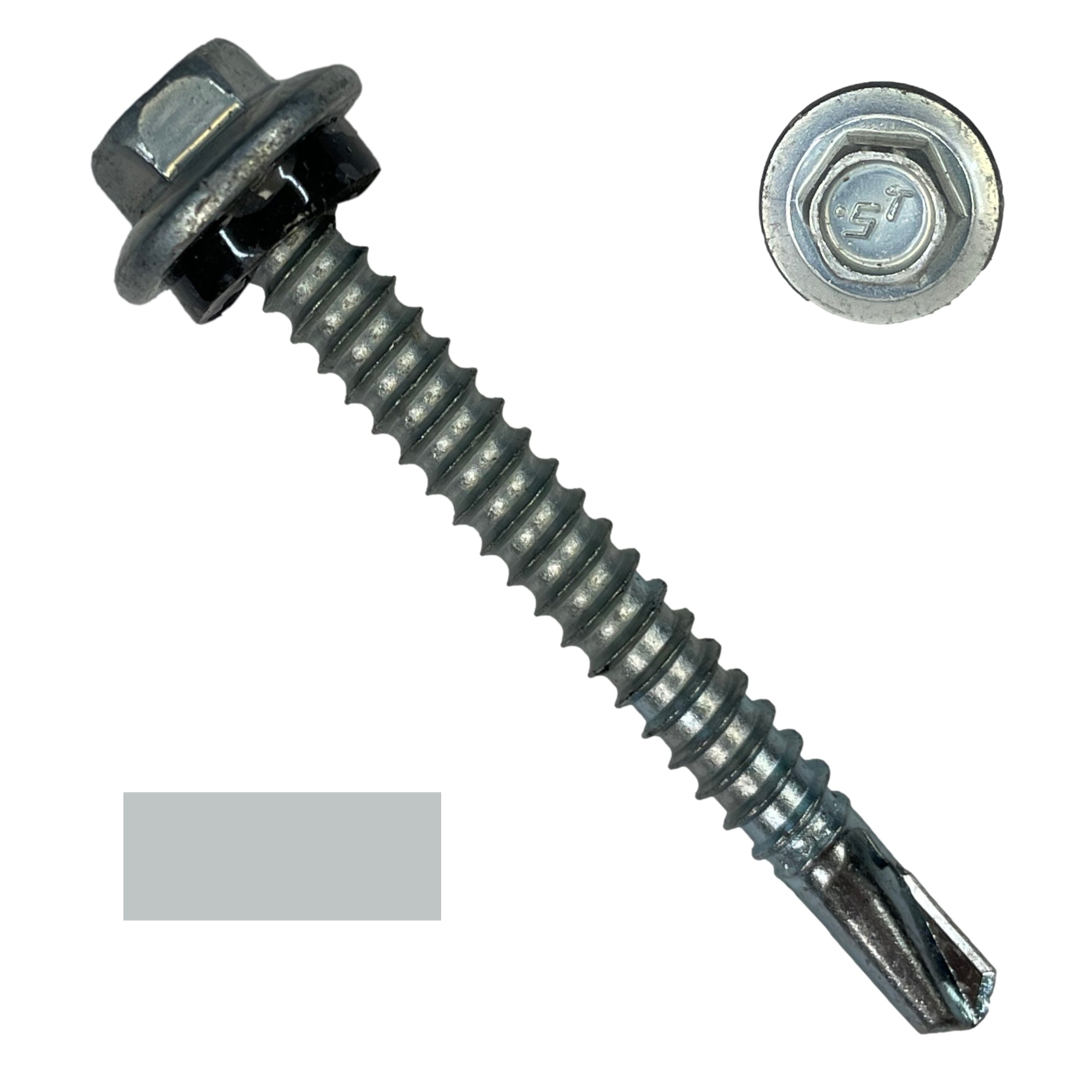 A number 12 Diameter Metal Roofing Screw that is 2 inches long with a 5/16 inch Hex Head and an EPDM Rubber Washer. The screw features a self-drilling tip for drilling into steel purlins. There is a color swatch of the screw head in the bottom left corner and a close-up of the screw head in the top right corner. The screw is Zinc/Unpainted in color.