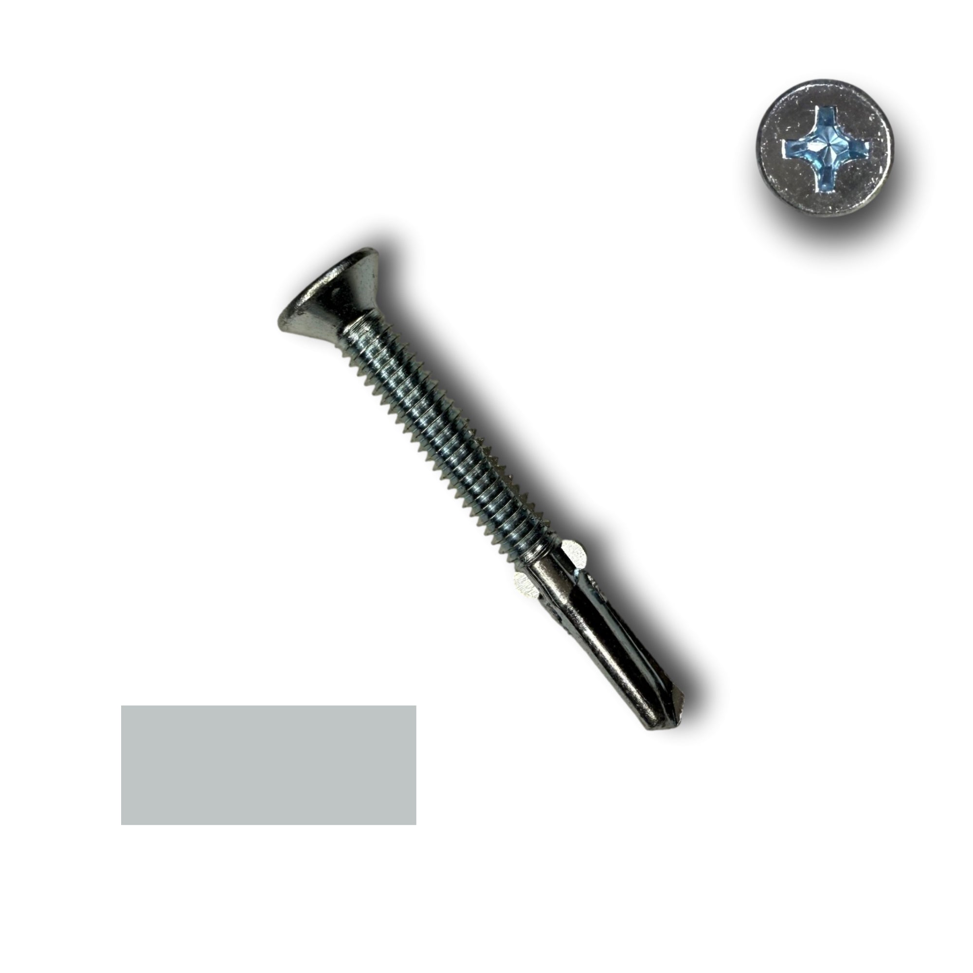 A #12 diameter metal roofing screw with wings that pierce into wood fibers. The screw is 2 inches long.