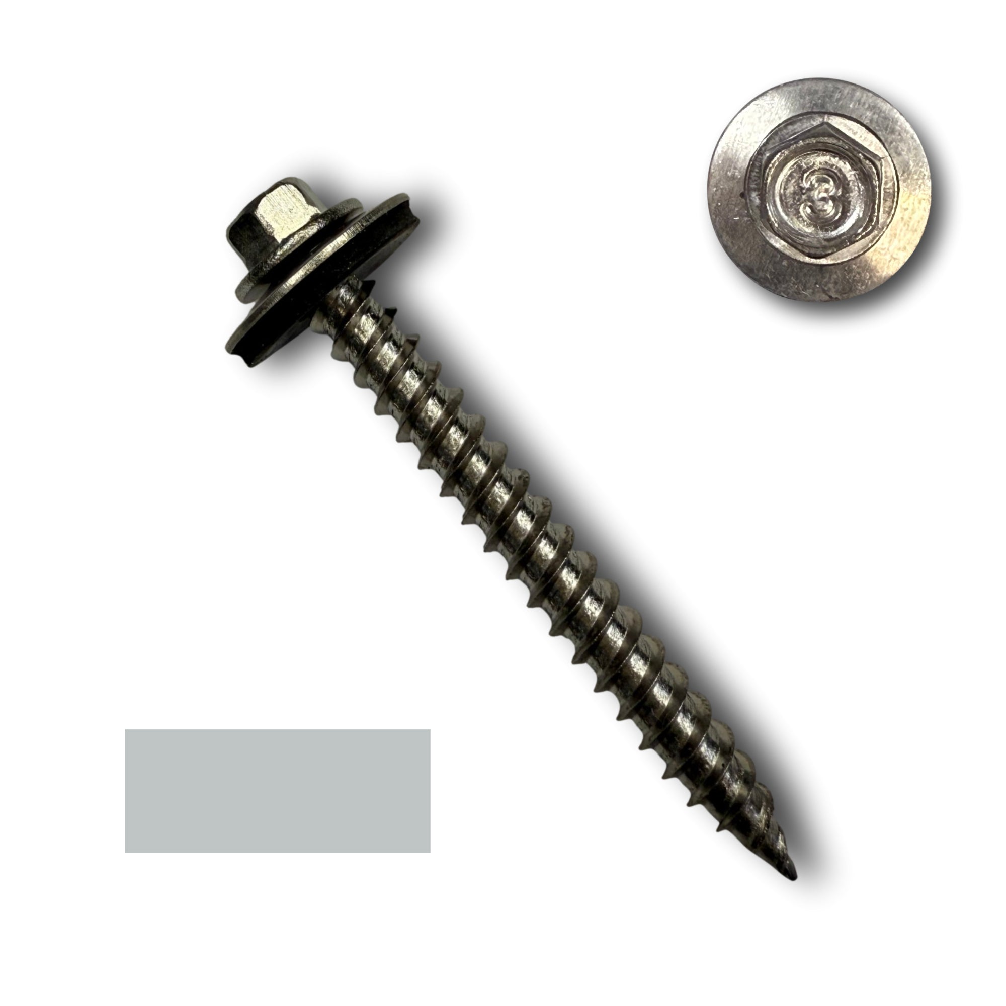 A #12 diameter stainless steel metal roofing screw that is 2 inches long.