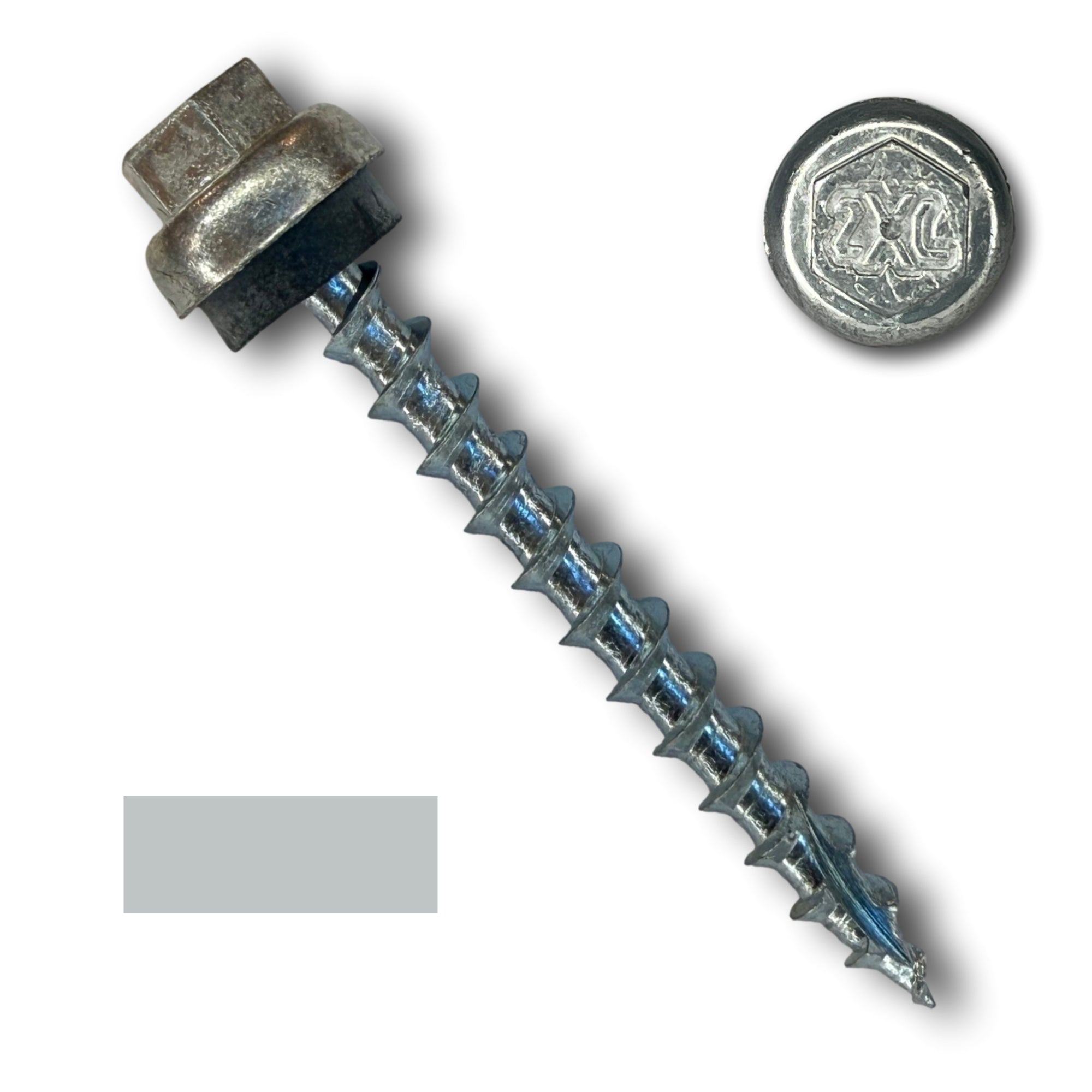 A number 12 Diameter Metal Roofing Screw that is 2 inches long with a 5/16 inch Hex Head and an EPDM Rubber Washer. The screw features a Type 17 Sharp Tip for piercing into wood and a Dome Cap that completely covers the washer. There is a color swatch of the screw head in the bottom left corner and a close-up of the screw head in the top right corner. The screw is Zinc/Unpainted in color.