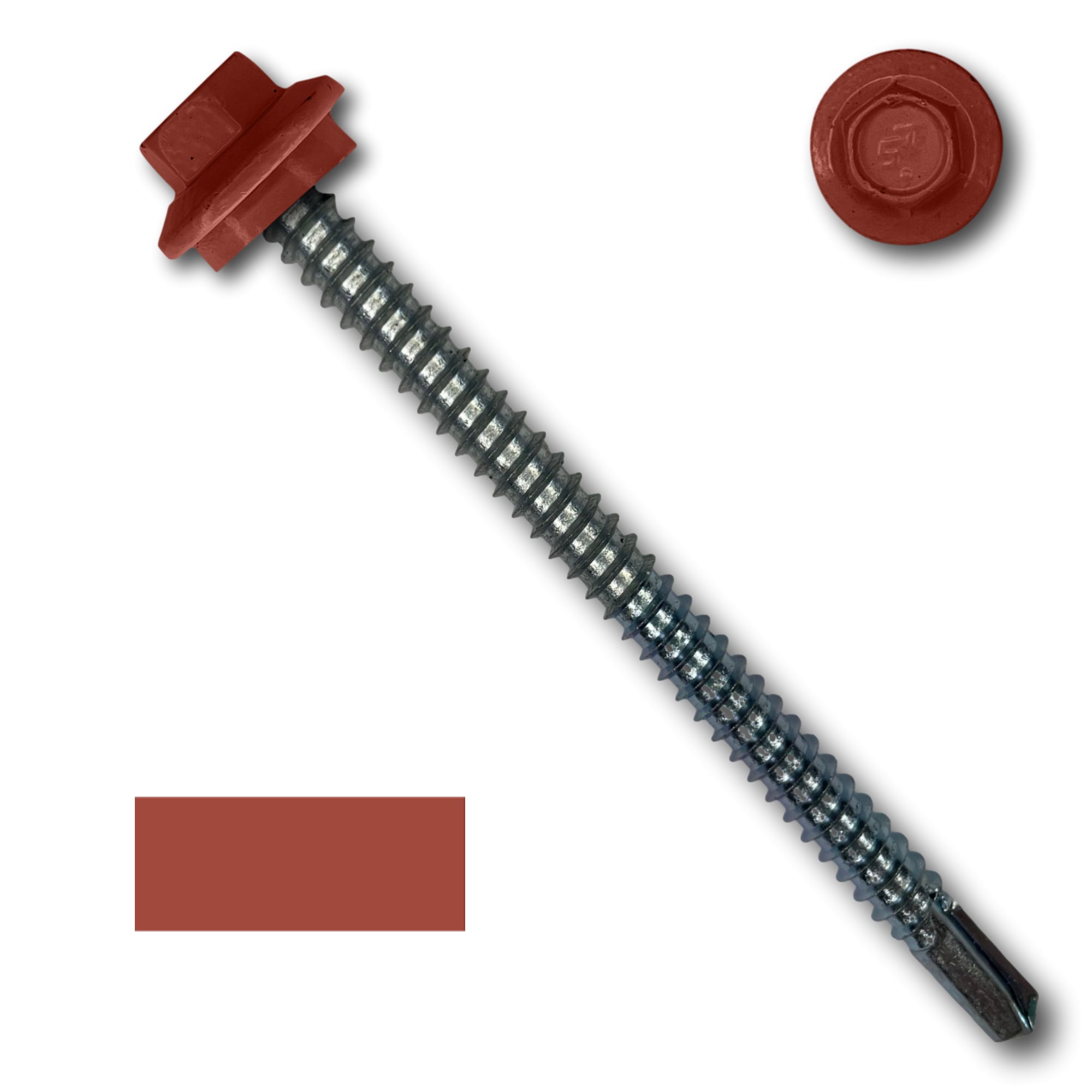 A number 12 Diameter Metal Roofing Screw that is 3 inches long with a 5/16 inch Hex Head and an EPDM Rubber Washer. The screw features a self-drilling tip for drilling into steel purlins. There is a color swatch of the screw head in the bottom left corner and a close-up of the screw head in the top right corner. The screw head is Barn Red in color.