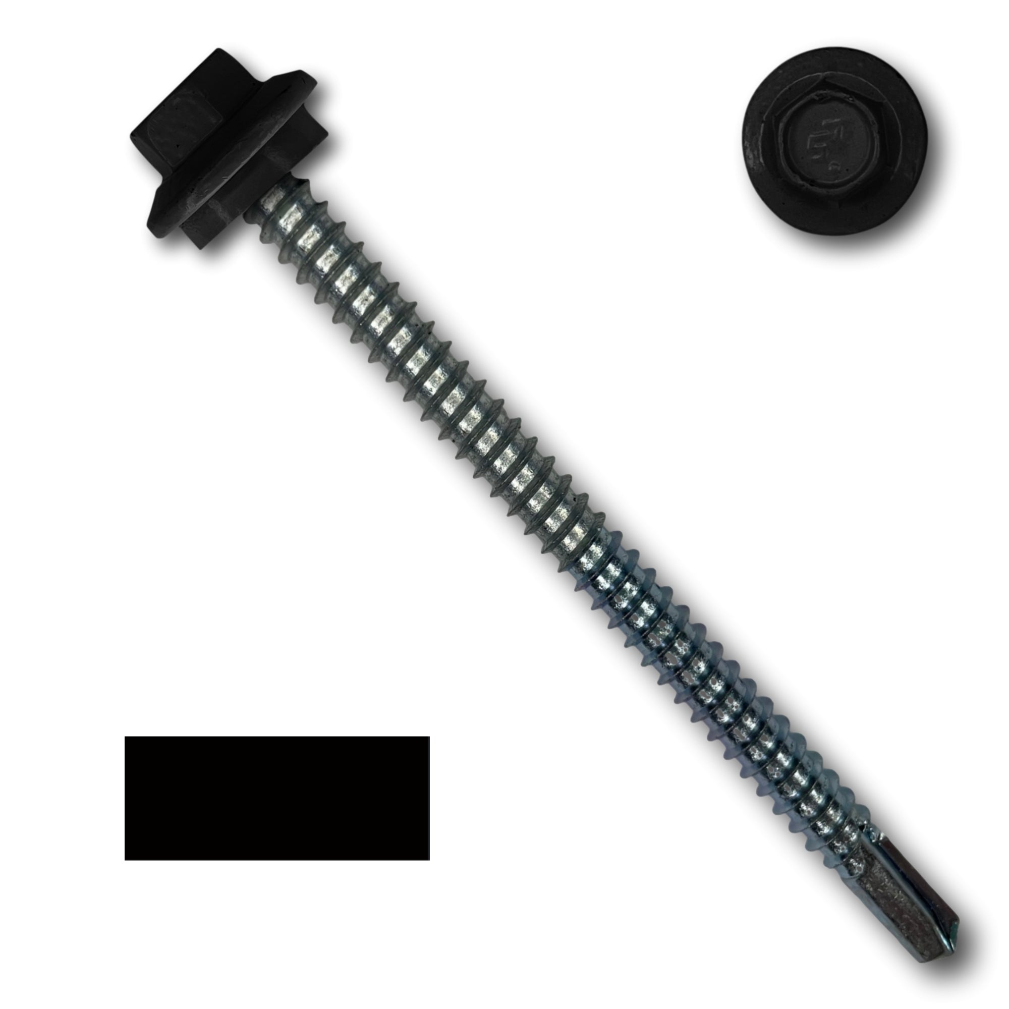 A number 12 Diameter Metal Roofing Screw that is 3 inches long with a 5/16 inch Hex Head and an EPDM Rubber Washer. The screw features a self-drilling tip for drilling into steel purlins. There is a color swatch of the screw head in the bottom left corner and a close-up of the screw head in the top right corner. The screw head is Black in color.