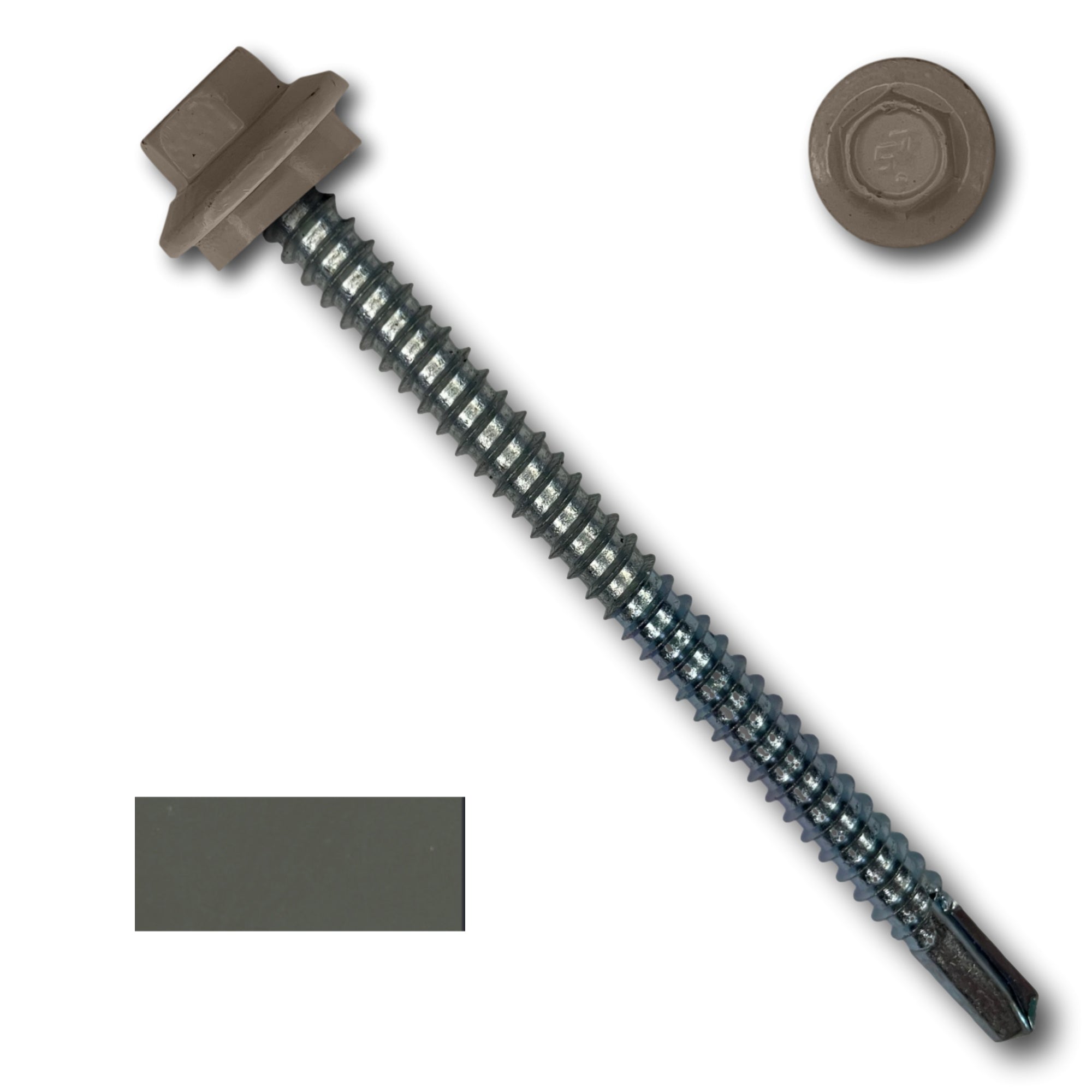 A number 12 Diameter Metal Roofing Screw that is 3 inches long with a 5/16 inch Hex Head and an EPDM Rubber Washer. The screw features a self-drilling tip for drilling into steel purlins. There is a color swatch of the screw head in the bottom left corner and a close-up of the screw head in the top right corner. The screw head is Burnished Slate in color.