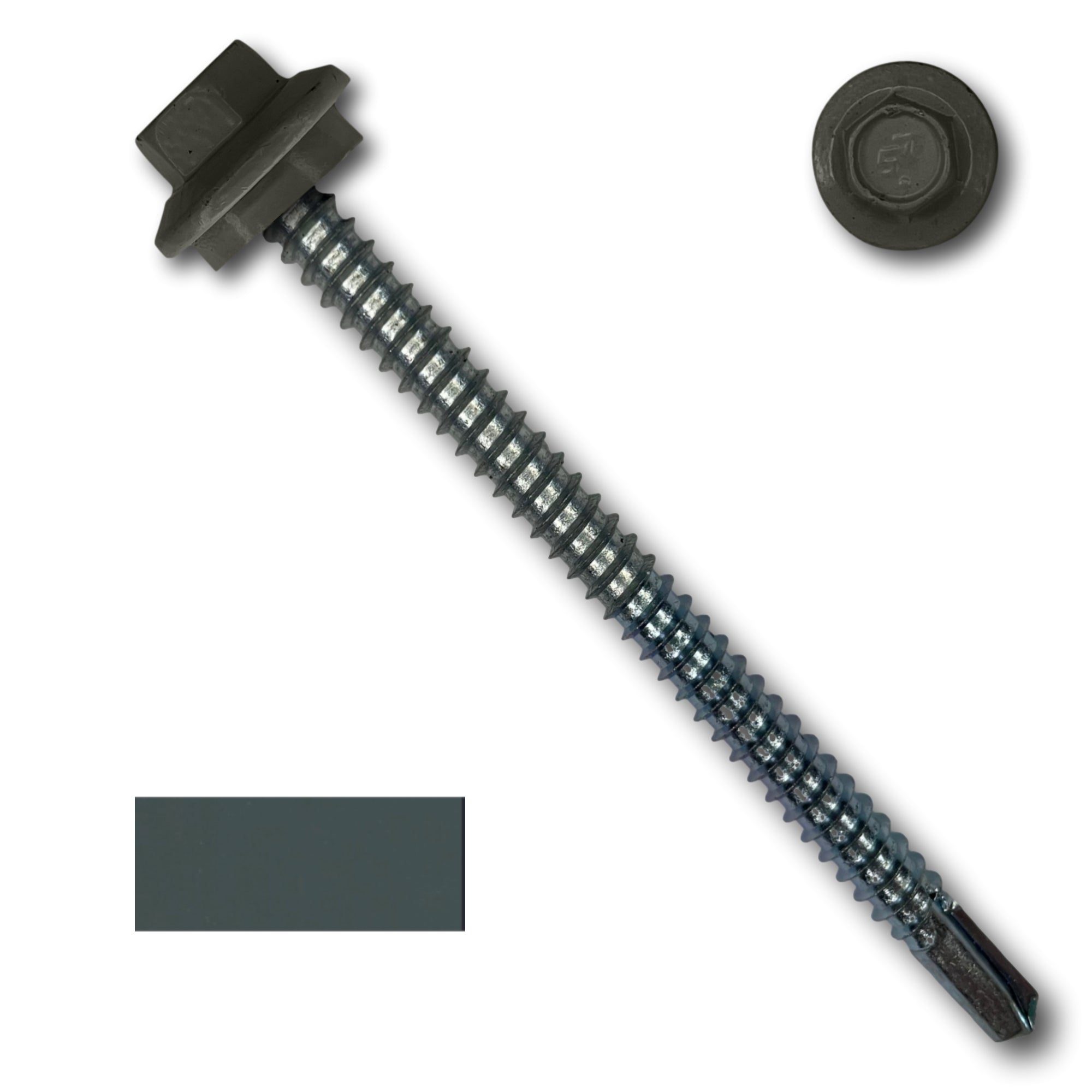 A number 12 Diameter Metal Roofing Screw that is 3 inches long with a 5/16 inch Hex Head and an EPDM Rubber Washer. The screw features a self-drilling tip for drilling into steel purlins. There is a color swatch of the screw head in the bottom left corner and a close-up of the screw head in the top right corner. The screw head is Charcoal Gray in color.