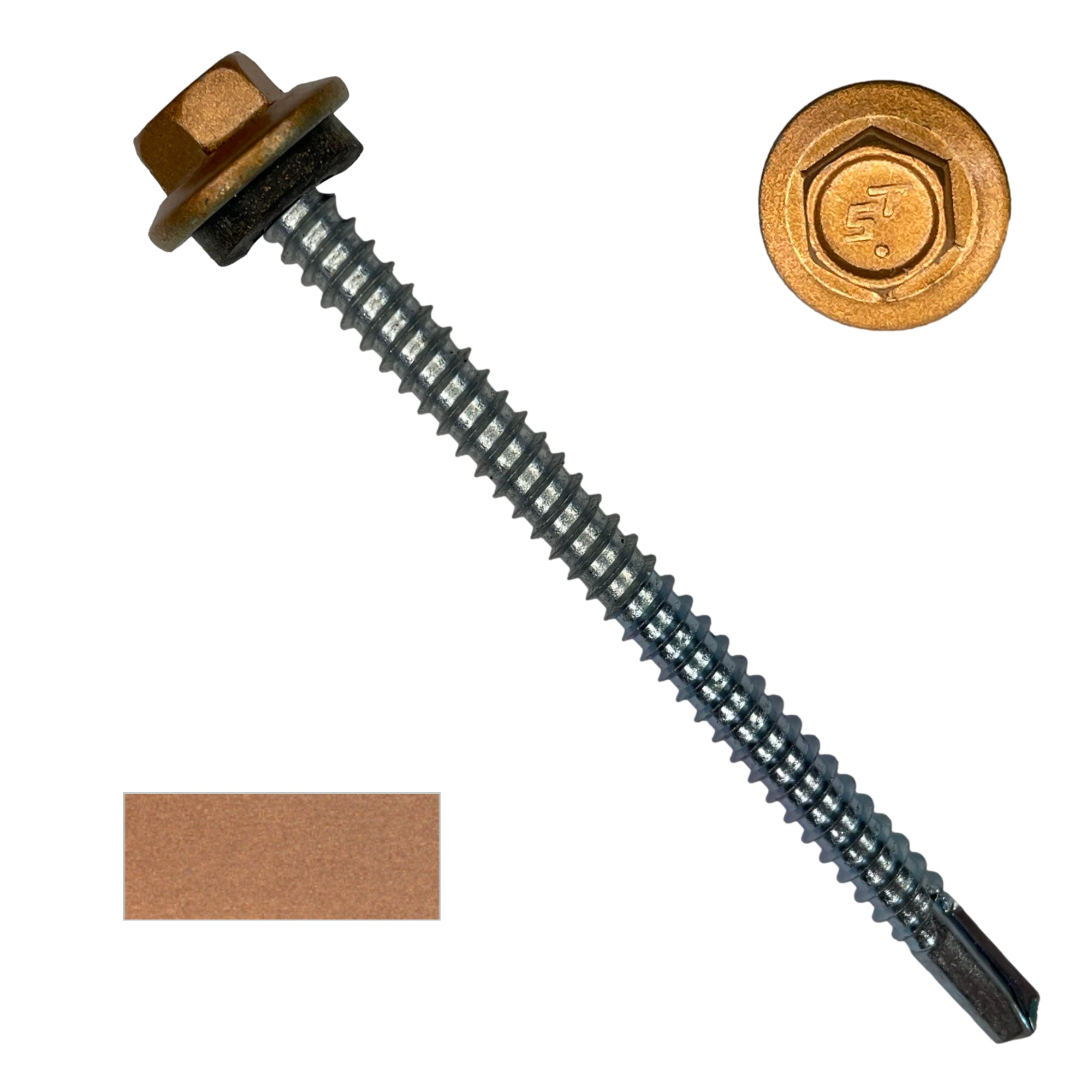 A number 12 Diameter Metal Roofing Screw that is 3 inches long with a 5/16 inch Hex Head and an EPDM Rubber Washer. The screw features a self-drilling tip for drilling into steel purlins. There is a color swatch of the screw head in the bottom left corner and a close-up of the screw head in the top right corner. The screw head is Copper Metallic in color.