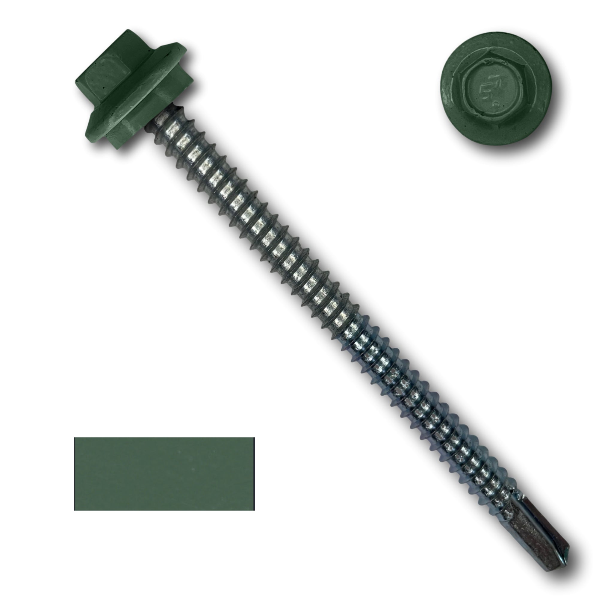 A number 12 Diameter Metal Roofing Screw that is 3 inches long with a 5/16 inch Hex Head and an EPDM Rubber Washer. The screw features a self-drilling tip for drilling into steel purlins. There is a color swatch of the screw head in the bottom left corner and a close-up of the screw head in the top right corner. The screw head is Evergreen in color.