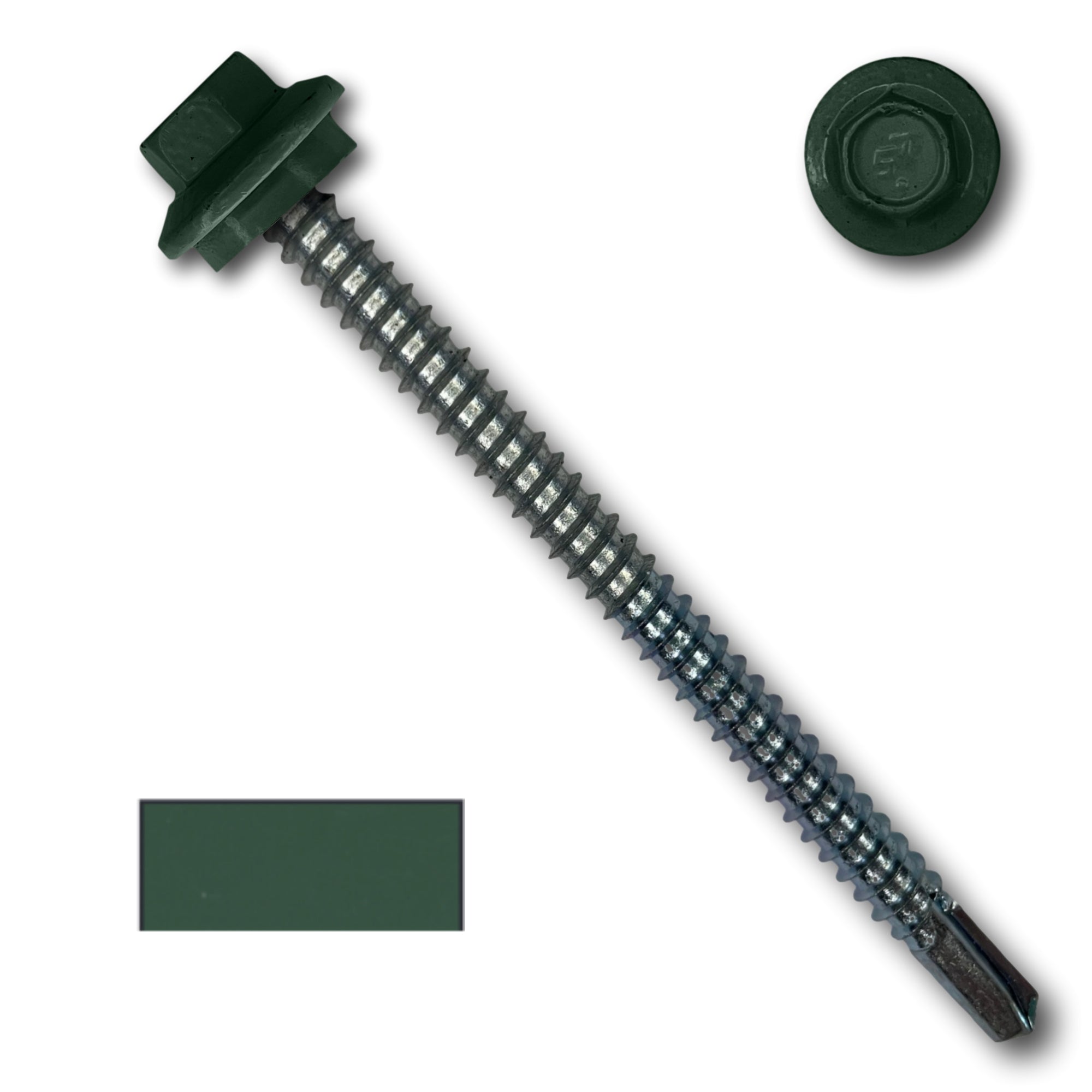 A number 12 Diameter Metal Roofing Screw that is 3 inches long with a 5/16 inch Hex Head and an EPDM Rubber Washer. The screw features a self-drilling tip for drilling into steel purlins. There is a color swatch of the screw head in the bottom left corner and a close-up of the screw head in the top right corner. The screw head is Forest Green in color.
