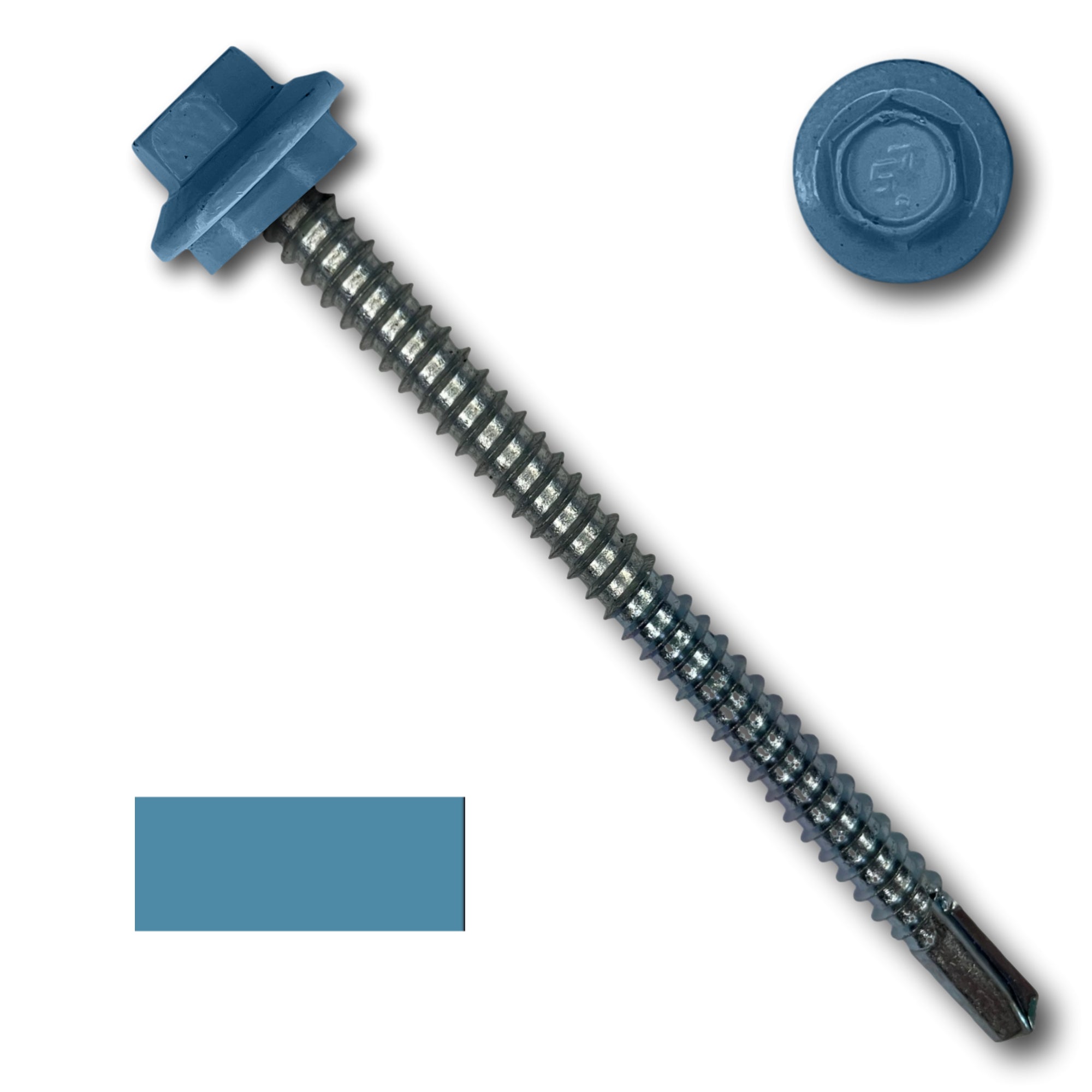 A number 12 Diameter Metal Roofing Screw that is 3 inches long with a 5/16 inch Hex Head and an EPDM Rubber Washer. The screw features a self-drilling tip for drilling into steel purlins. There is a color swatch of the screw head in the bottom left corner and a close-up of the screw head in the top right corner. The screw head is Hawaiian Blue in color.
