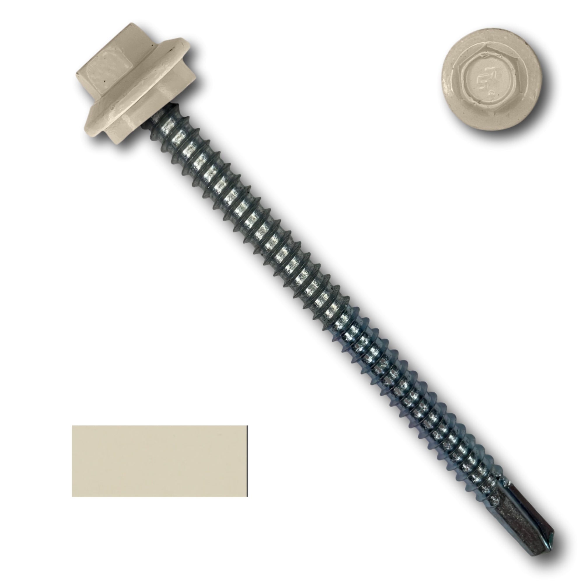 A number 12 Diameter Metal Roofing Screw that is 3 inches long with a 5/16 inch Hex Head and an EPDM Rubber Washer. The screw features a self-drilling tip for drilling into steel purlins. There is a color swatch of the screw head in the bottom left corner and a close-up of the screw head in the top right corner. The screw head is Lightstone in color.