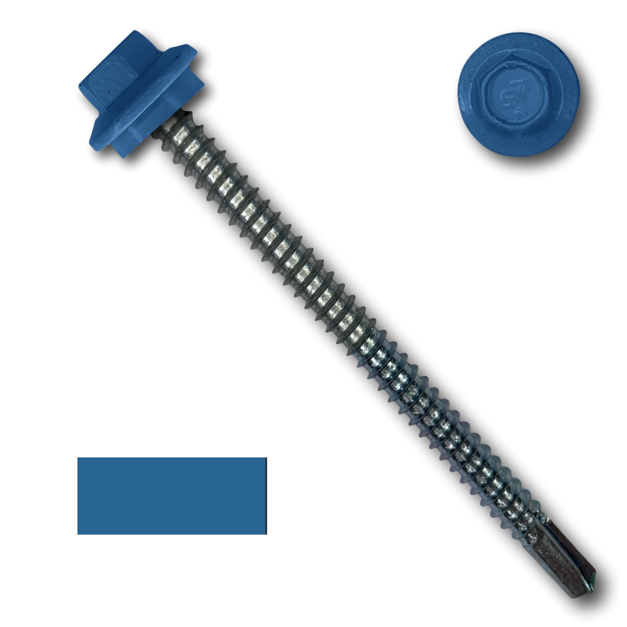 A number 12 Diameter Metal Roofing Screw that is 3 inches long with a 5/16 inch Hex Head and an EPDM Rubber Washer. The screw features a self-drilling tip for drilling into steel purlins. There is a color swatch of the screw head in the bottom left corner and a close-up of the screw head in the top right corner. The screw head is Regal Blue in color.