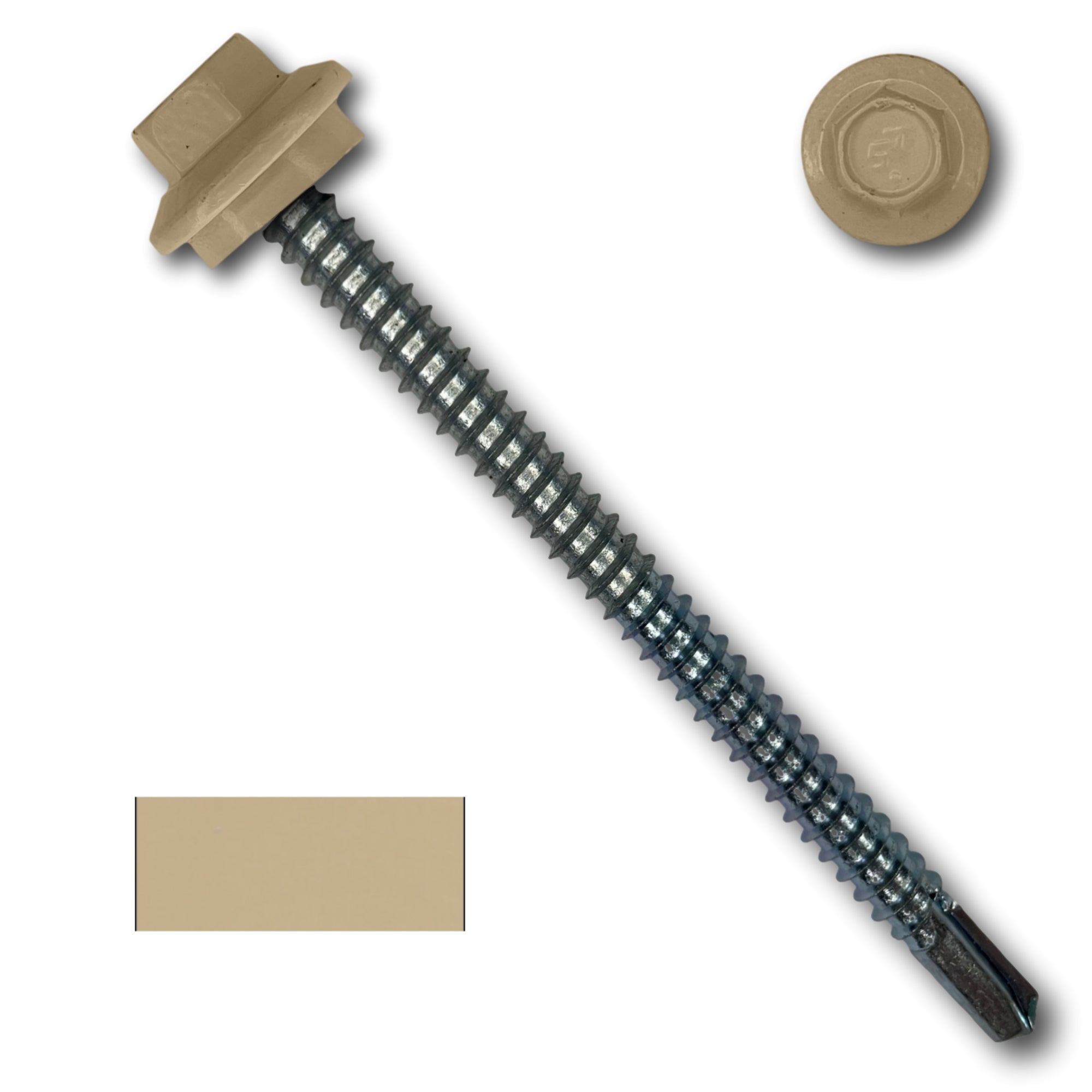 A number 12 Diameter Metal Roofing Screw that is 3 inches long with a 5/16 inch Hex Head and an EPDM Rubber Washer. The screw features a self-drilling tip for drilling into steel purlins. There is a color swatch of the screw head in the bottom left corner and a close-up of the screw head in the top right corner. The screw head is Sahara Tan in color.