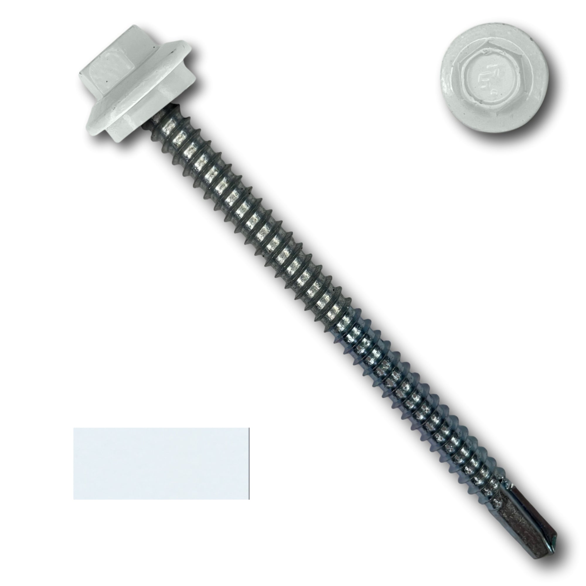 A number 12 Diameter Metal Roofing Screw that is 3 inches long with a 5/16 inch Hex Head and an EPDM Rubber Washer. The screw features a self-drilling tip for drilling into steel purlins. There is a color swatch of the screw head in the bottom left corner and a close-up of the screw head in the top right corner. The screw head is White in color.