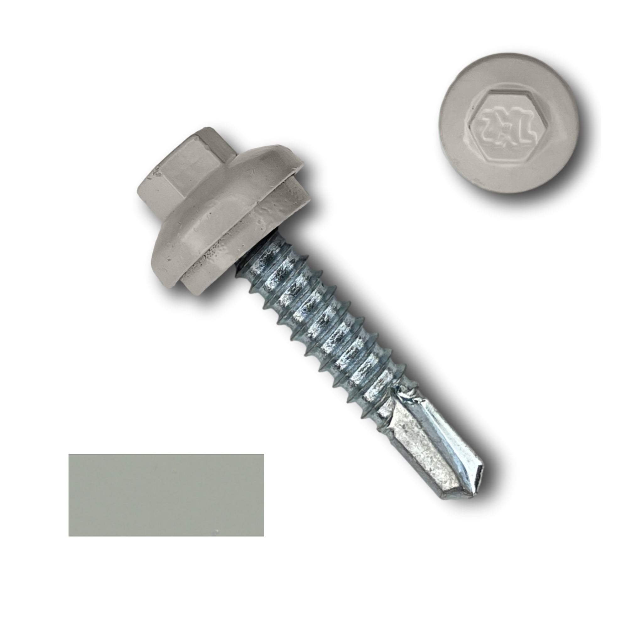 A number 14 Diameter Metal Roofing Screw that is 1.25 inches long with a 5/16 inch Hex Head and an EPDM Rubber Washer. The screw features a Dome Cap that covers the washer and a self-drilling tip for drilling into steel purlins. There is a color swatch of the screw head in the bottom left corner and a close-up of the screw head in the top right corner. The screw head is Ash Gray in color.