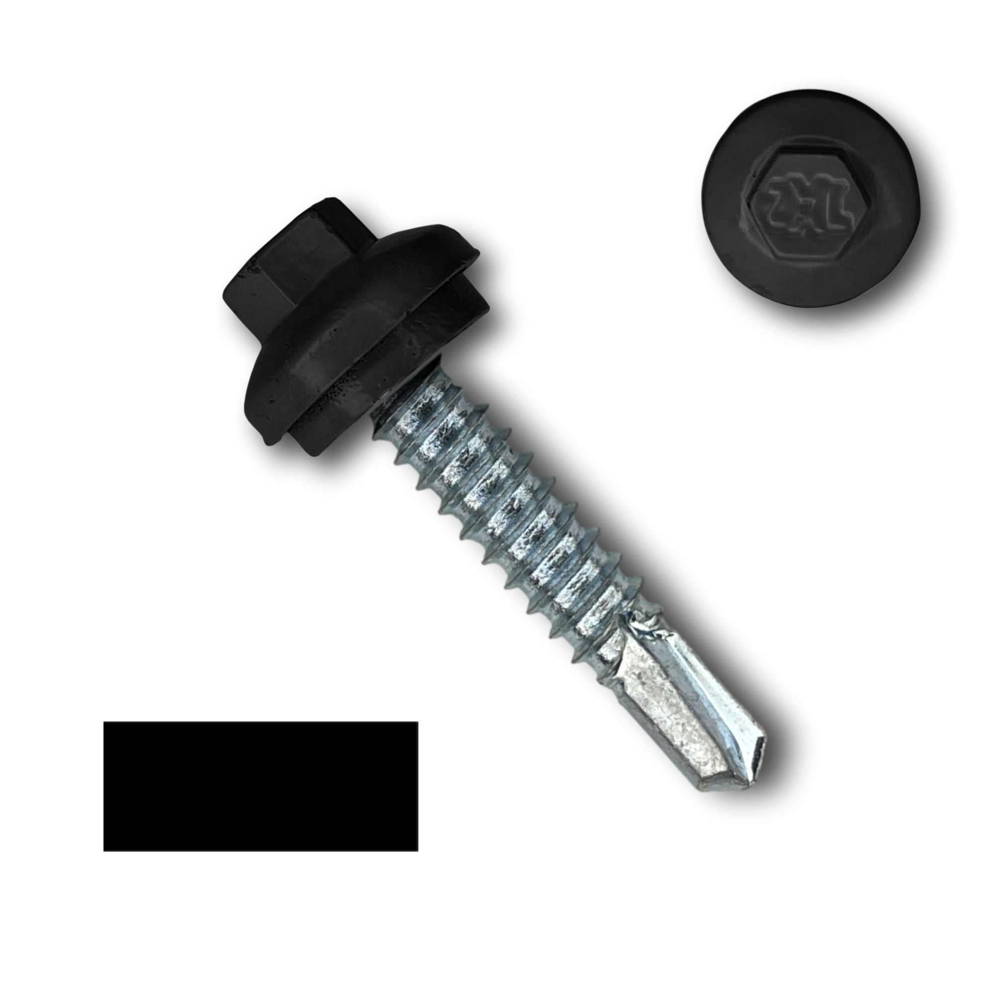 A number 14 Diameter Metal Roofing Screw that is 1.25 inches long with a 5/16 inch Hex Head and an EPDM Rubber Washer. The screw features a Dome Cap that covers the washer and a self-drilling tip for drilling into steel purlins. There is a color swatch of the screw head in the bottom left corner and a close-up of the screw head in the top right corner. The screw head is Brown in color.