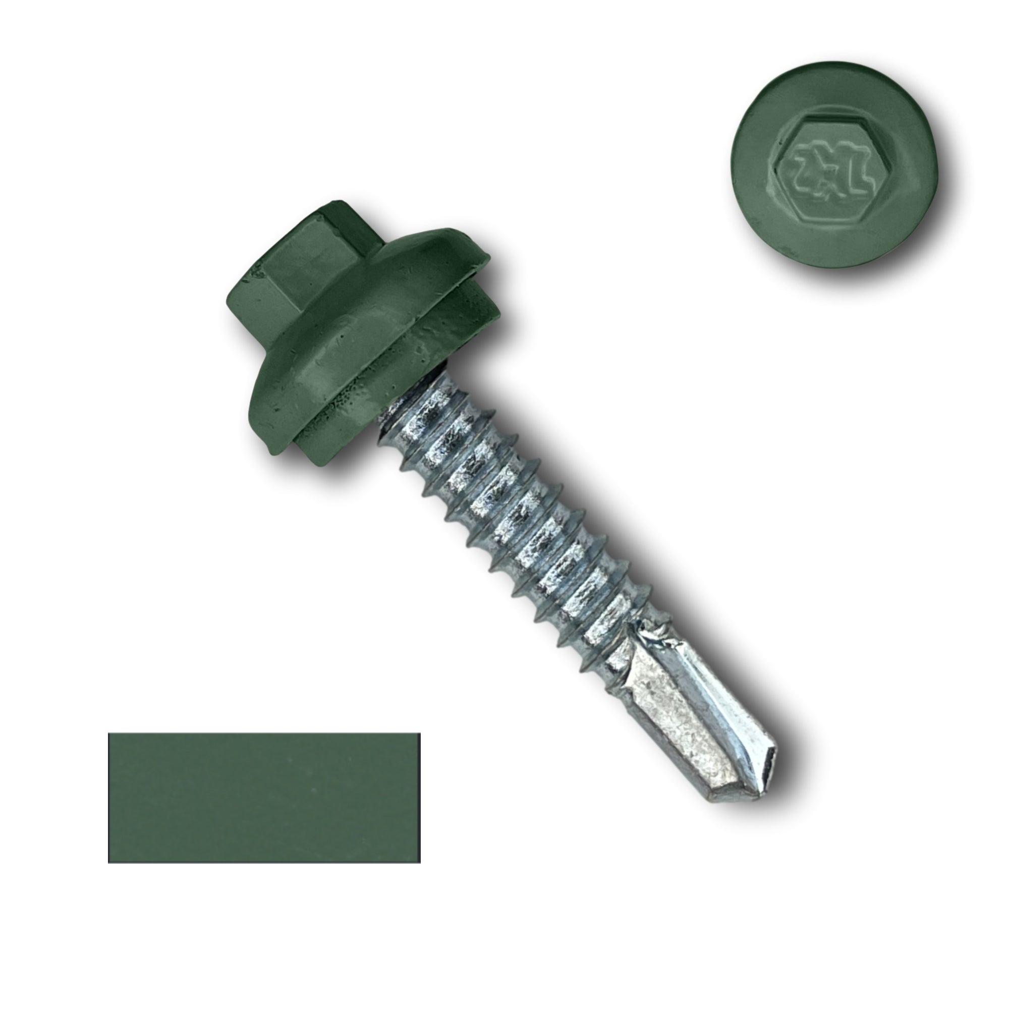 A number 14 Diameter Metal Roofing Screw that is 1.25 inches long with a 5/16 inch Hex Head and an EPDM Rubber Washer. The screw features a Dome Cap that covers the washer and a self-drilling tip for drilling into steel purlins. There is a color swatch of the screw head in the bottom left corner and a close-up of the screw head in the top right corner. The screw head is Evergreen in color.