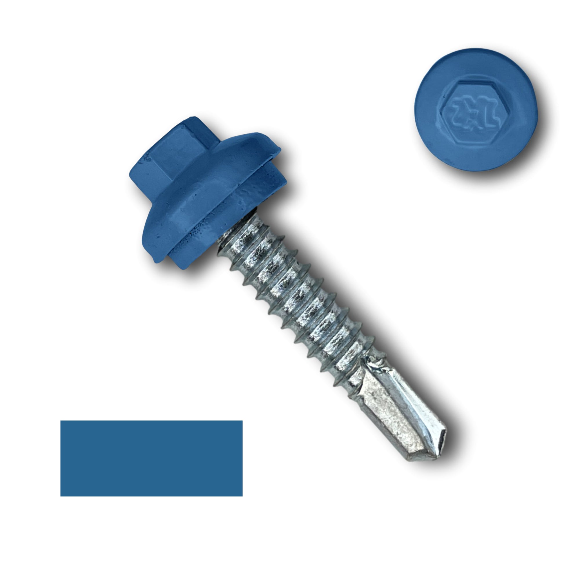 A number 14 Diameter Metal Roofing Screw that is 1.25 inches long with a 5/16 inch Hex Head and an EPDM Rubber Washer. The screw features a Dome Cap that covers the washer and a self-drilling tip for drilling into steel purlins. There is a color swatch of the screw head in the bottom left corner and a close-up of the screw head in the top right corner. The screw head is Regal Blue in color.