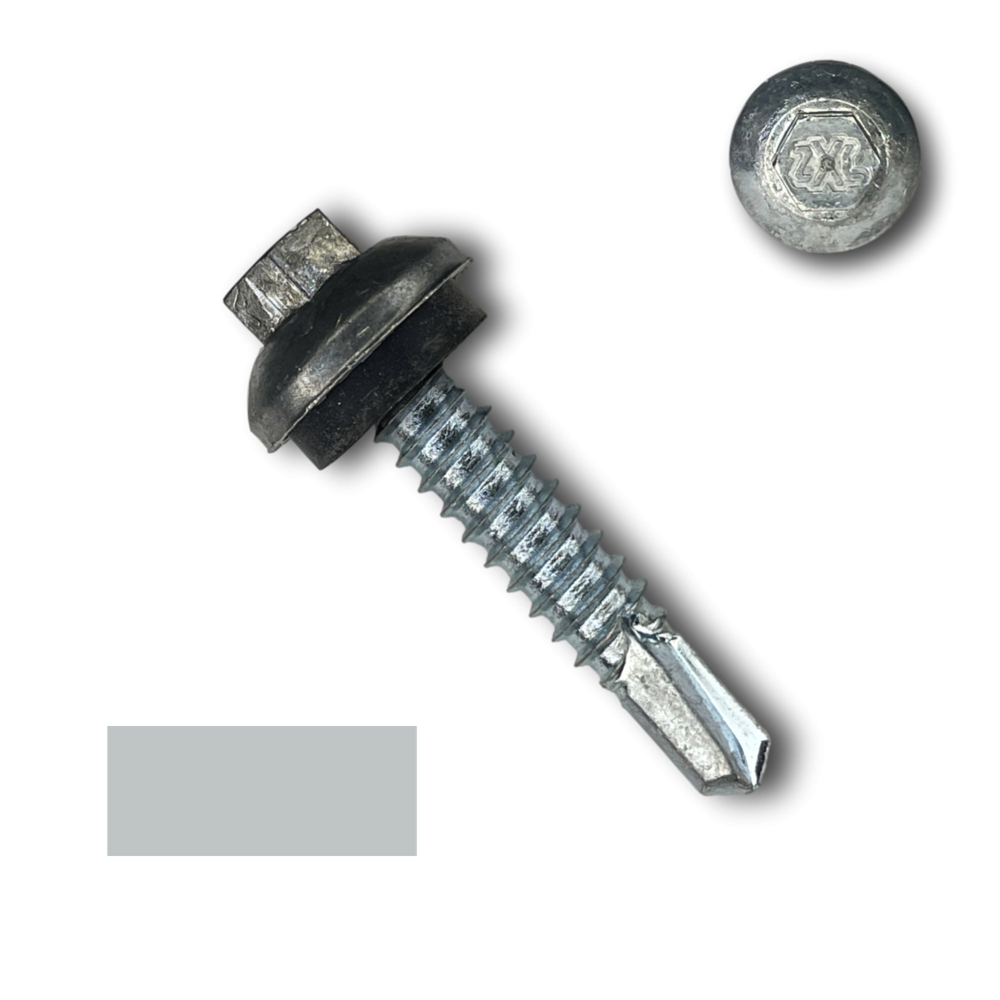 A number 14 Diameter Metal Roofing Screw that is 1.25 inches long with a 5/16 inch Hex Head and an EPDM Rubber Washer. The screw features a Dome Cap that covers the washer and a self-drilling tip for drilling into steel purlins. There is a color swatch of the screw head in the bottom left corner and a close-up of the screw head in the top right corner. The screw is Zinc/Unpainted in color.