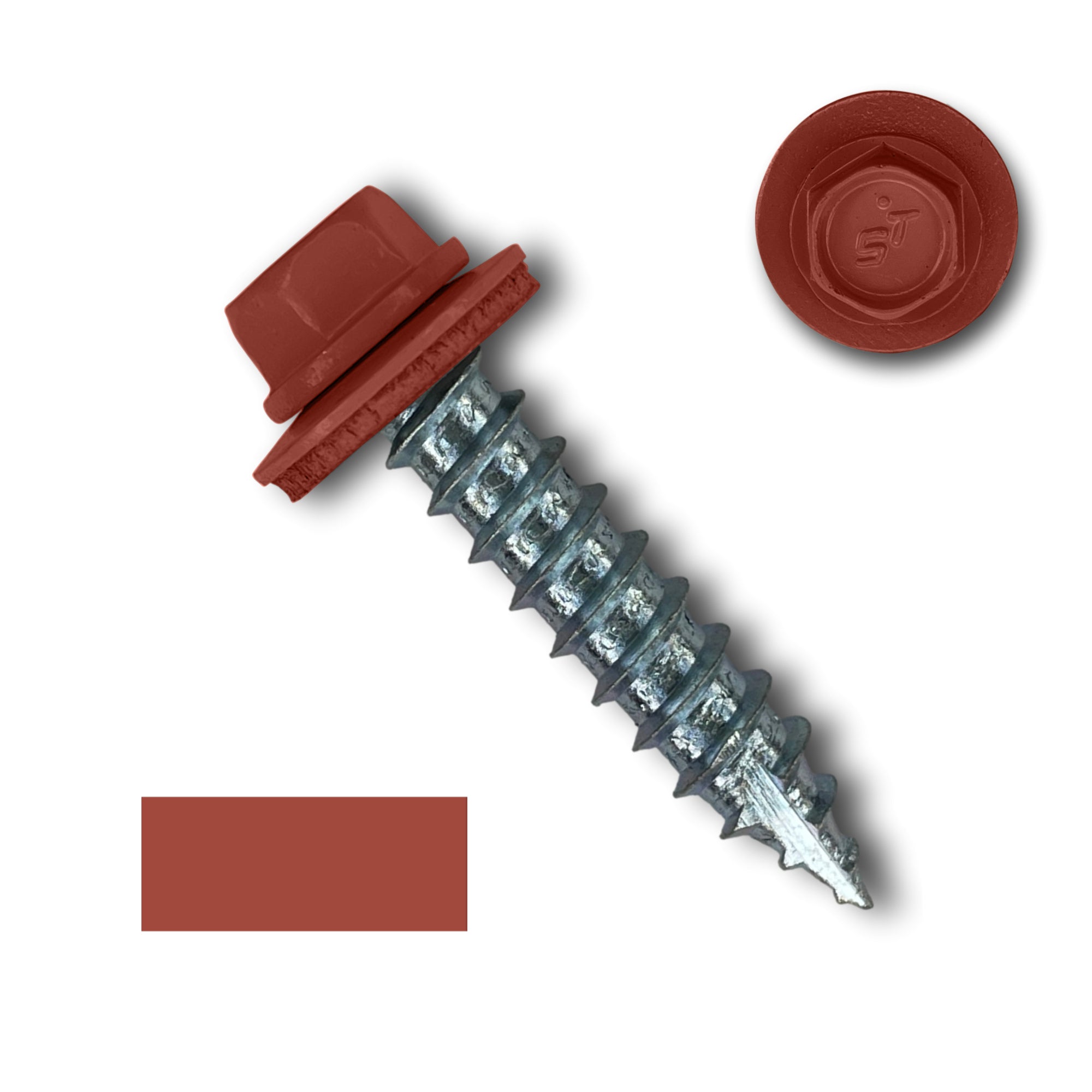 A number 14 Diameter Metal Roofing Screw that is 1.25 inches long with a 5/16 inch Hex Head and an EPDM Rubber Washer. The screw features a Type 17 sharp tip for drilling into wood decking. There is a color swatch of the screw head in the bottom left corner and a close-up of the screw head in the top right corner. The screw head is Barn Red in color.