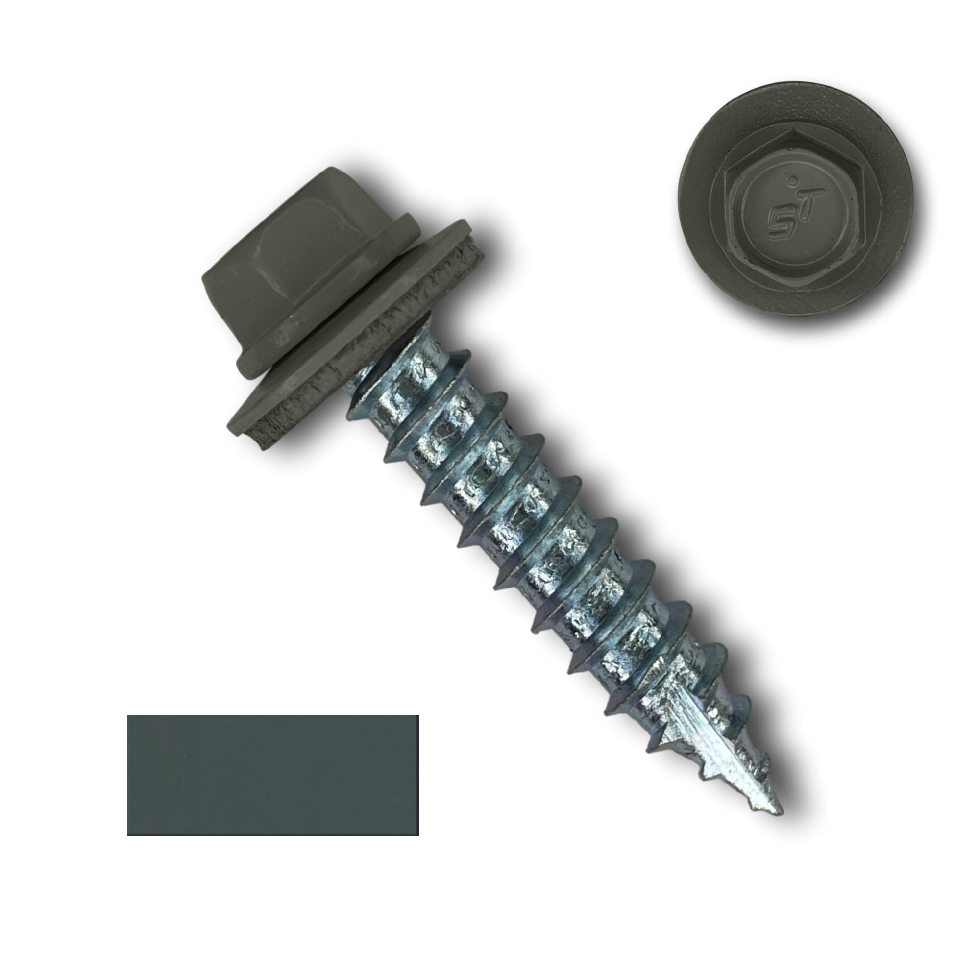 A number 14 Diameter Metal Roofing Screw that is 1.25 inches long with a 5/16 inch Hex Head and an EPDM Rubber Washer. The screw features a Type 17 sharp tip for drilling into wood decking. There is a color swatch of the screw head in the bottom left corner and a close-up of the screw head in the top right corner. The screw head is Charcoal Gray in color.