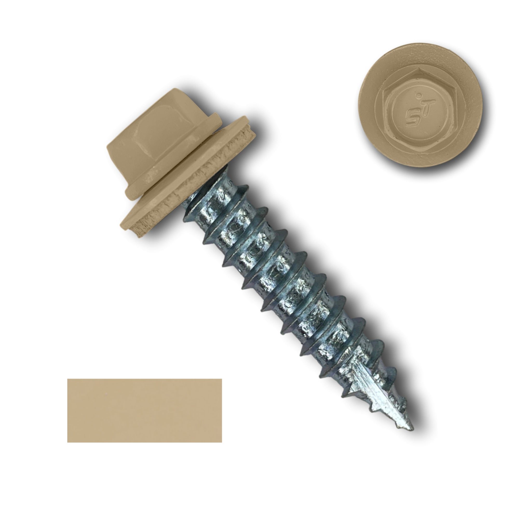 A number 14 Diameter Metal Roofing Screw that is 1.25 inches long with a 5/16 inch Hex Head and an EPDM Rubber Washer. The screw features a Type 17 sharp tip for drilling into wood decking. There is a color swatch of the screw head in the bottom left corner and a close-up of the screw head in the top right corner. The screw head is Sahara Tan in color.