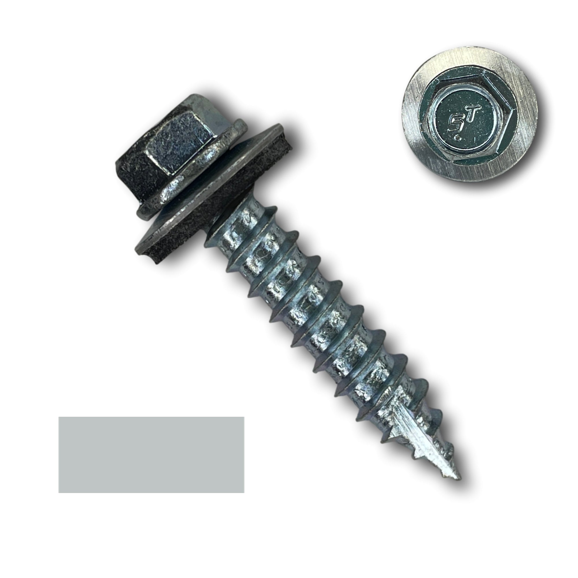 A number 14 Diameter Metal Roofing Screw that is 1.25 inches long with a 5/16 inch Hex Head and an EPDM Rubber Washer. The screw features a Type 17 sharp tip for drilling into wood decking. There is a color swatch of the screw head in the bottom left corner and a close-up of the screw head in the top right corner. The screw is Zinc/Unpainted in color.