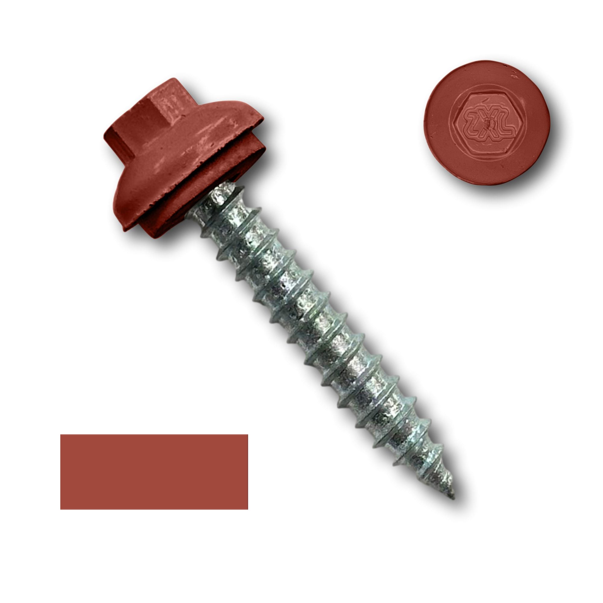 A number 14 Diameter Metal Roofing Screw that is 1.5 inches long with a 5/16 inch Hex Head and an EPDM Rubber Washer. The screw features a Dome Cap that covers the washer and a self-piercing tip for drilling into wood decking. There is a color swatch of the screw head in the bottom left corner and a close-up of the screw head in the top right corner. The screw head is Barn Red in color.