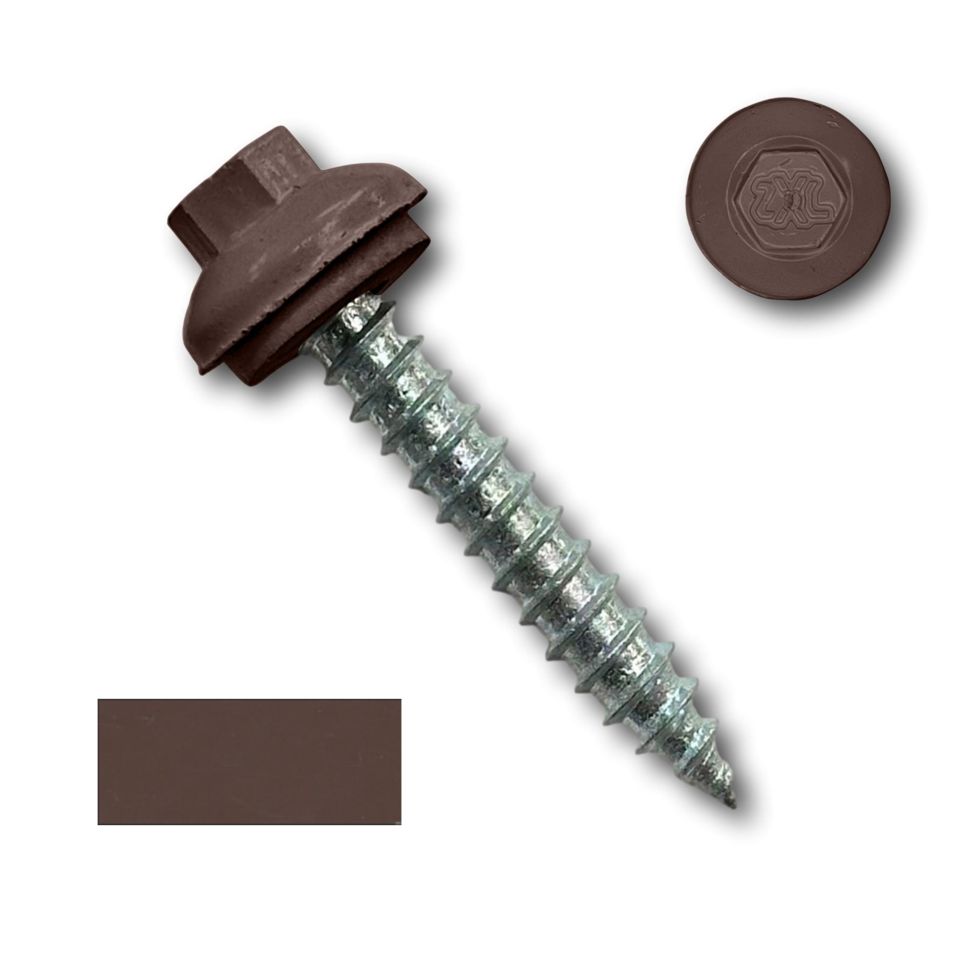 A number 14 Diameter Metal Roofing Screw that is 1.5 inches long with a 5/16 inch Hex Head and an EPDM Rubber Washer. The screw features a Dome Cap that covers the washer and a self-piercing tip for drilling into wood decking. There is a color swatch of the screw head in the bottom left corner and a close-up of the screw head in the top right corner. The screw head is Brown in color.