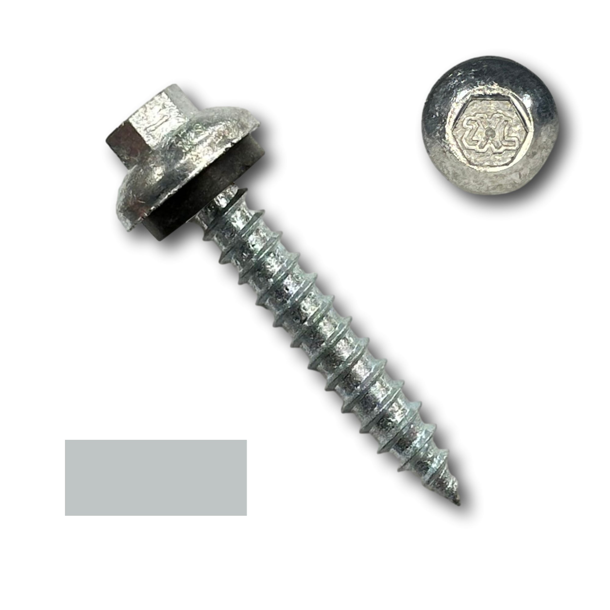 A number 14 Diameter Metal Roofing Screw that is 1.5 inches long with a 5/16 inch Hex Head and an EPDM Rubber Washer. The screw features a Dome Cap that covers the washer and a self-piercing tip for drilling into wood decking. There is a color swatch of the screw head in the bottom left corner and a close-up of the screw head in the top right corner. The screw is Zinc/Unpainted in color.