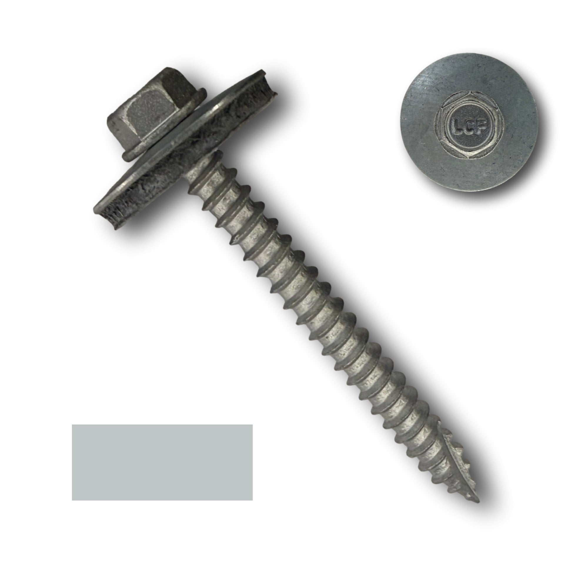 A number 14 diameter metal roofing screw that is 2.5 inches long. The screw is used in high wind applications, and features an extra wide washer and a self-piercing tip. There is a color swatch square in the bottom left corner that shows this screw is Zinc/Unpainted.