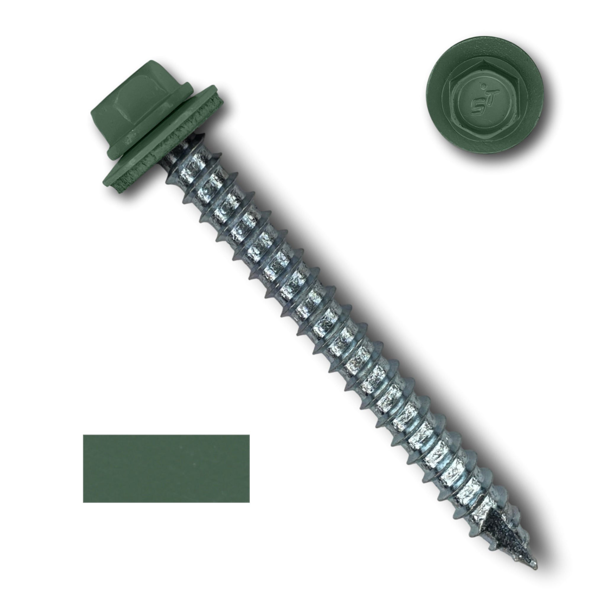 A number 14 Diameter Metal Roofing Screw that is 2.5 inches long with a 5/16 inch Hex Head and an EPDM Rubber Washer. The screw features a Type 17 sharp tip for drilling into wood decking. There is a color swatch of the screw head in the bottom left corner and a close-up of the screw head in the top right corner. The screw head is Evergreen in color.