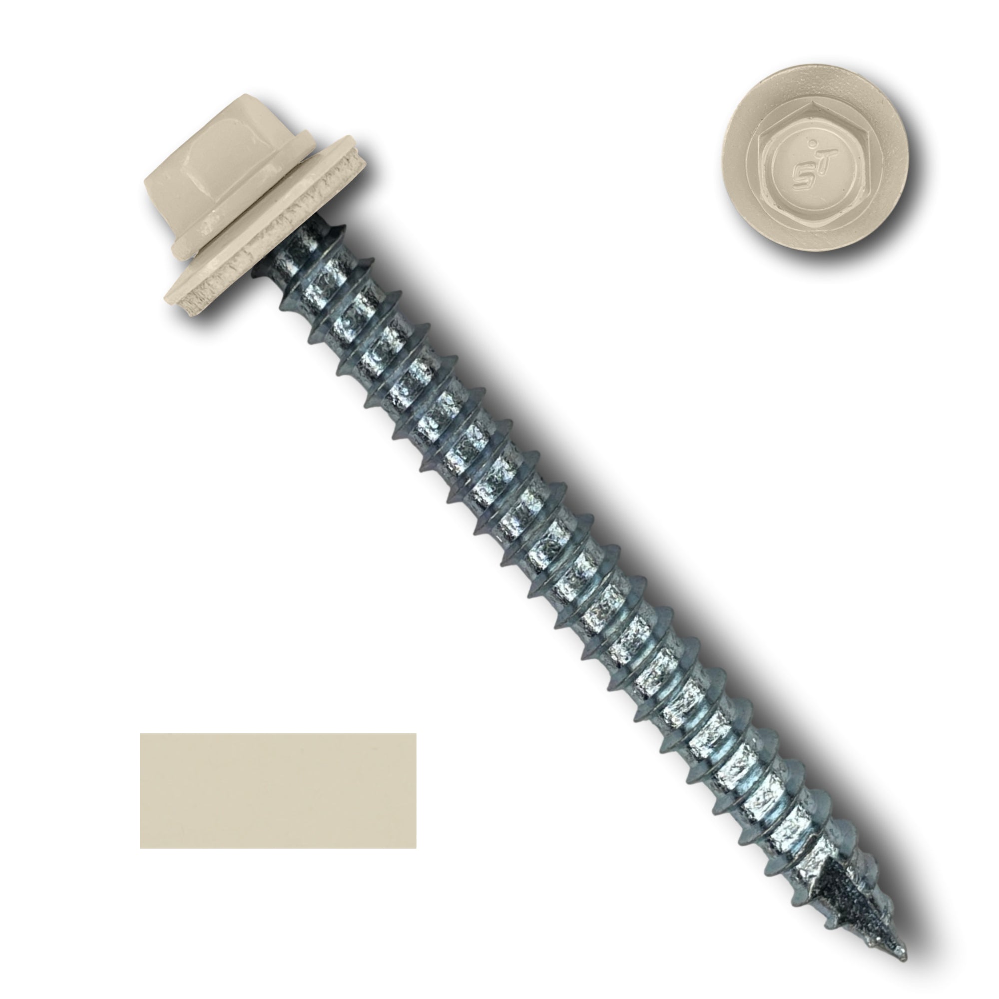 A number 14 Diameter Metal Roofing Screw that is 2.5 inches long with a 5/16 inch Hex Head and an EPDM Rubber Washer. The screw features a Type 17 sharp tip for drilling into wood decking. There is a color swatch of the screw head in the bottom left corner and a close-up of the screw head in the top right corner. The screw head is Lightstone in color.