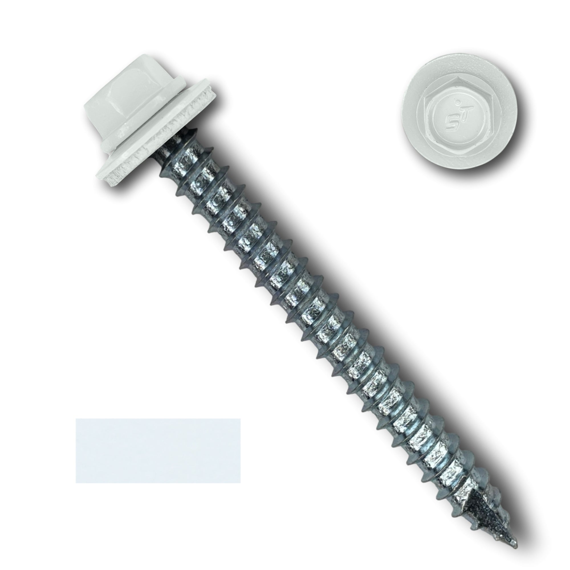 A number 14 Diameter Metal Roofing Screw that is 2.5 inches long with a 5/16 inch Hex Head and an EPDM Rubber Washer. The screw features a Type 17 sharp tip for drilling into wood decking. There is a color swatch of the screw head in the bottom left corner and a close-up of the screw head in the top right corner. The screw head is White in color.