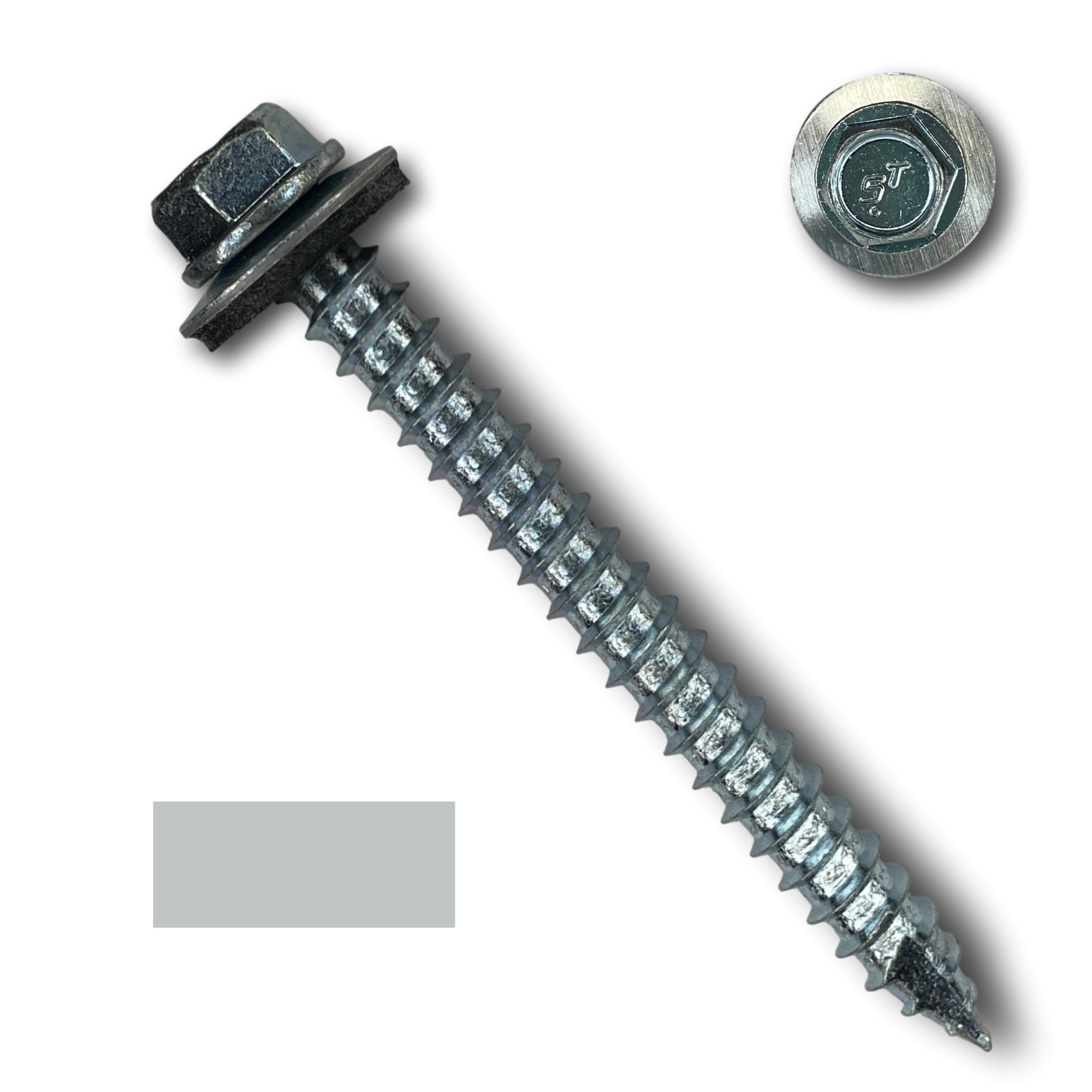 A number 14 Diameter Metal Roofing Screw that is 2.5 inches long with a 5/16 inch Hex Head and an EPDM Rubber Washer. The screw features a Type 17 sharp tip for drilling into wood decking. There is a color swatch of the screw head in the bottom left corner and a close-up of the screw head in the top right corner. The screw is Zinc/Unpainted in color.
