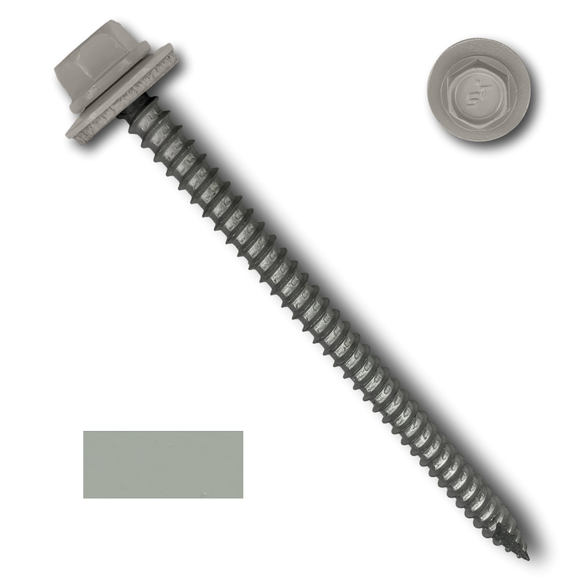 A number 14 Diameter Metal Roofing Screw that is 4 inches long with a 5/16 inch Hex Head and an EPDM Rubber Washer. The screw features a Type 17 sharp tip for drilling into wood decking. There is a color swatch of the screw head in the bottom left corner and a close-up of the screw head in the top right corner. The screw head is Ash Gray in color.