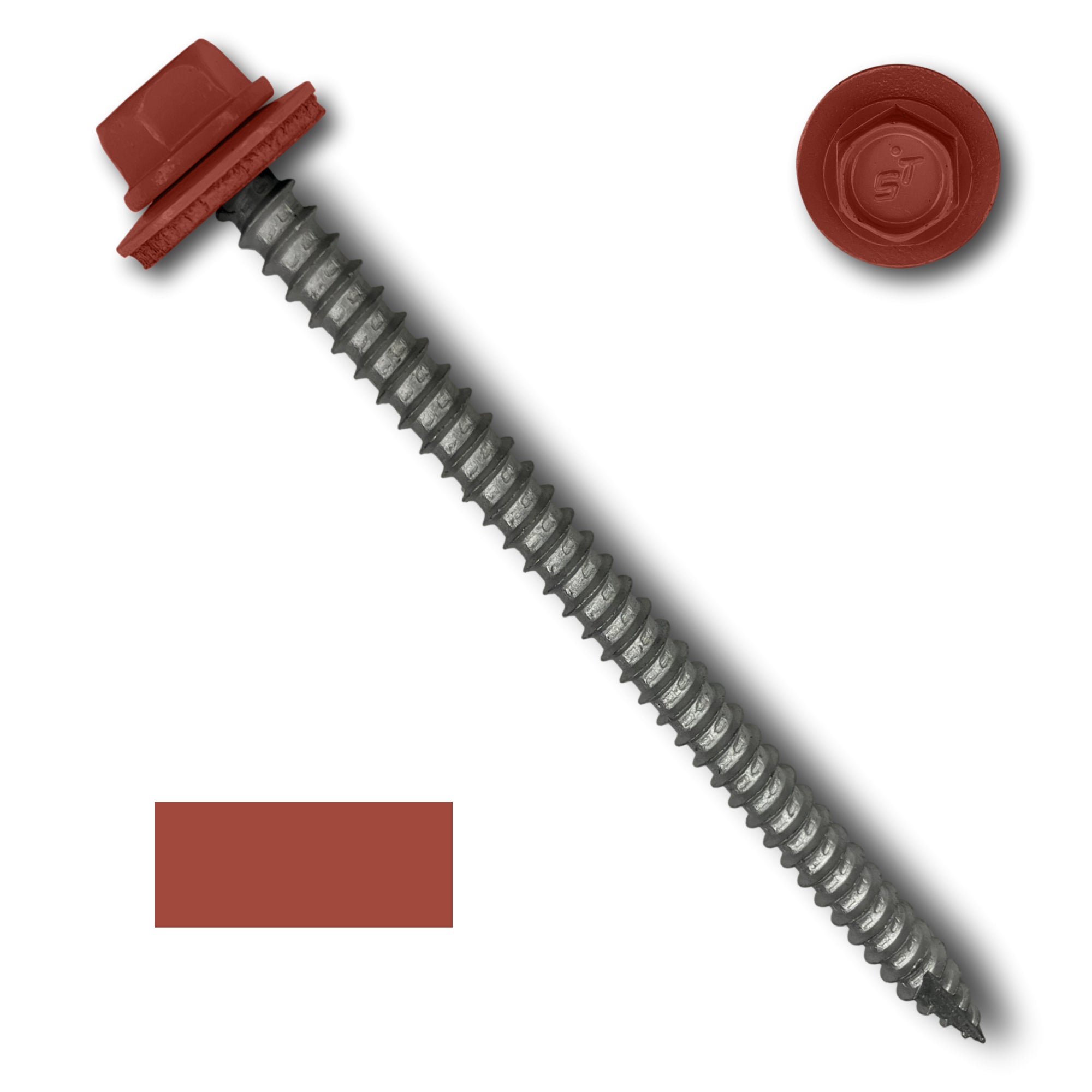 A number 14 Diameter Metal Roofing Screw that is 4 inches long with a 5/16 inch Hex Head and an EPDM Rubber Washer. The screw features a Type 17 sharp tip for drilling into wood decking. There is a color swatch of the screw head in the bottom left corner and a close-up of the screw head in the top right corner. The screw head is Barn Red in color.