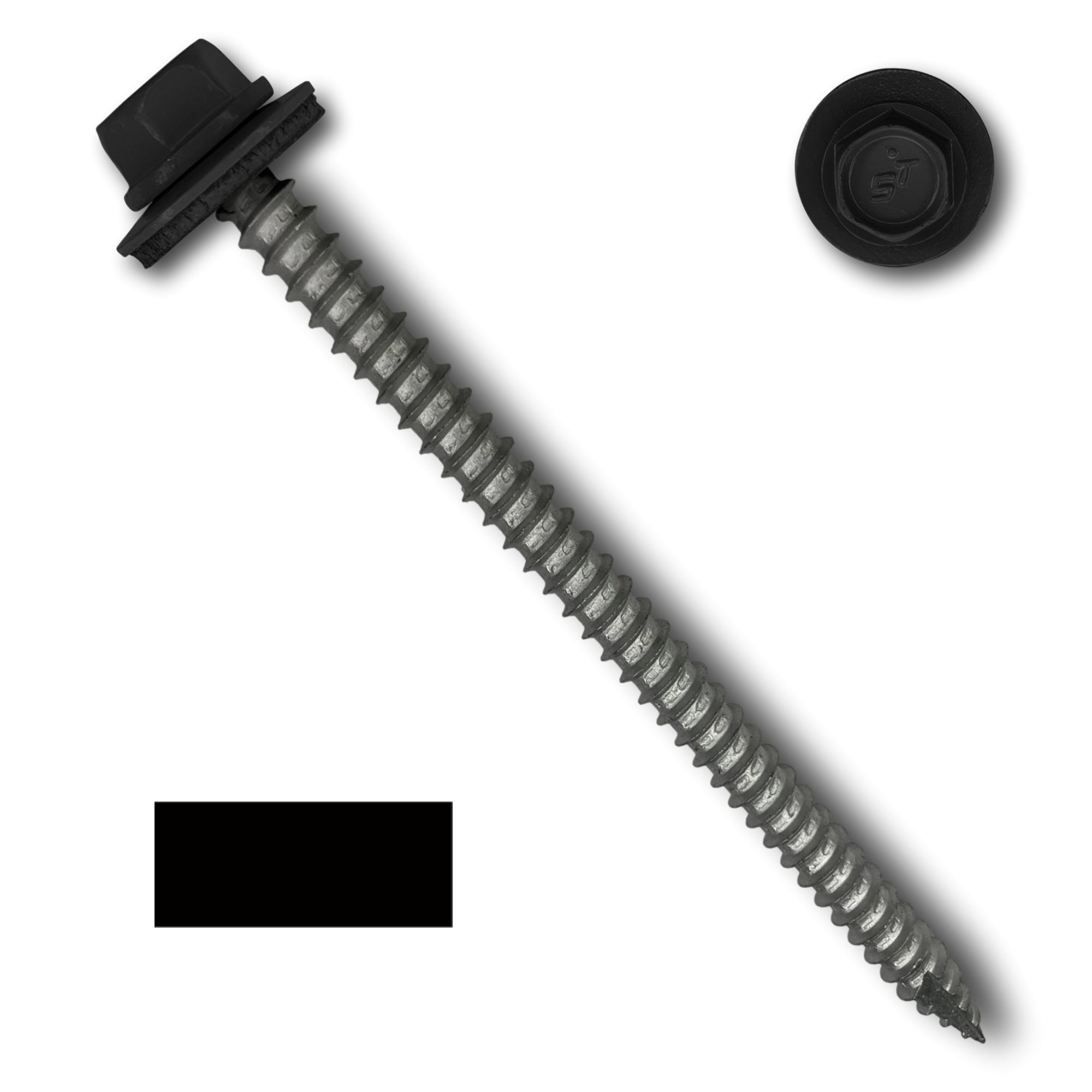 A number 14 Diameter Metal Roofing Screw that is 4 inches long with a 5/16 inch Hex Head and an EPDM Rubber Washer. The screw features a Type 17 sharp tip for drilling into wood decking. There is a color swatch of the screw head in the bottom left corner and a close-up of the screw head in the top right corner. The screw head is Black in color.