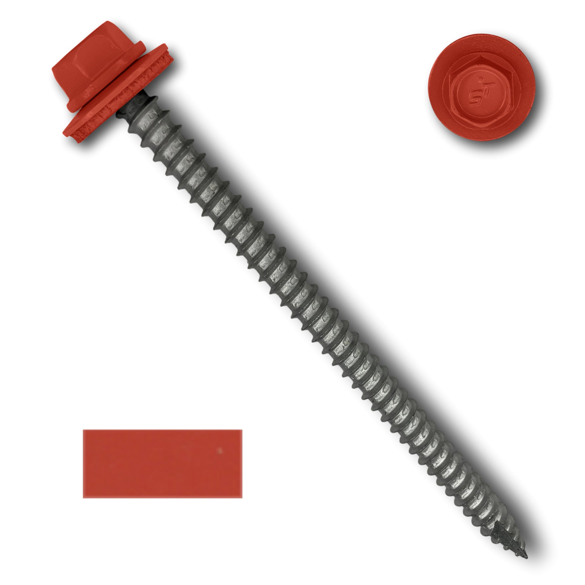 A number 14 Diameter Metal Roofing Screw that is 4 inches long with a 5/16 inch Hex Head and an EPDM Rubber Washer. The screw features a Type 17 sharp tip for drilling into wood decking. There is a color swatch of the screw head in the bottom left corner and a close-up of the screw head in the top right corner. The screw head is Bright Red in color.