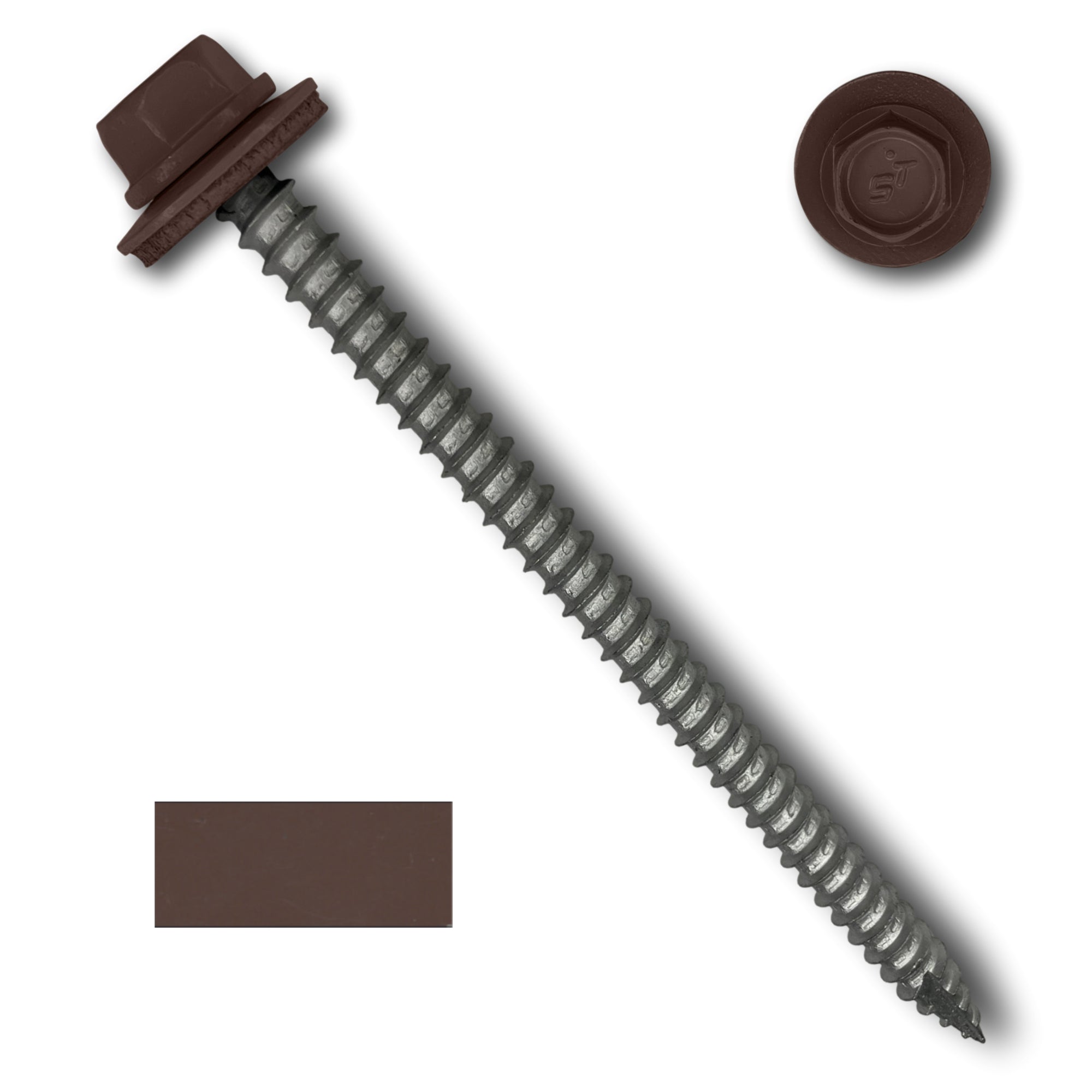 A number 14 Diameter Metal Roofing Screw that is 4 inches long with a 5/16 inch Hex Head and an EPDM Rubber Washer. The screw features a Type 17 sharp tip for drilling into wood decking. There is a color swatch of the screw head in the bottom left corner and a close-up of the screw head in the top right corner. The screw head is Brown in color.