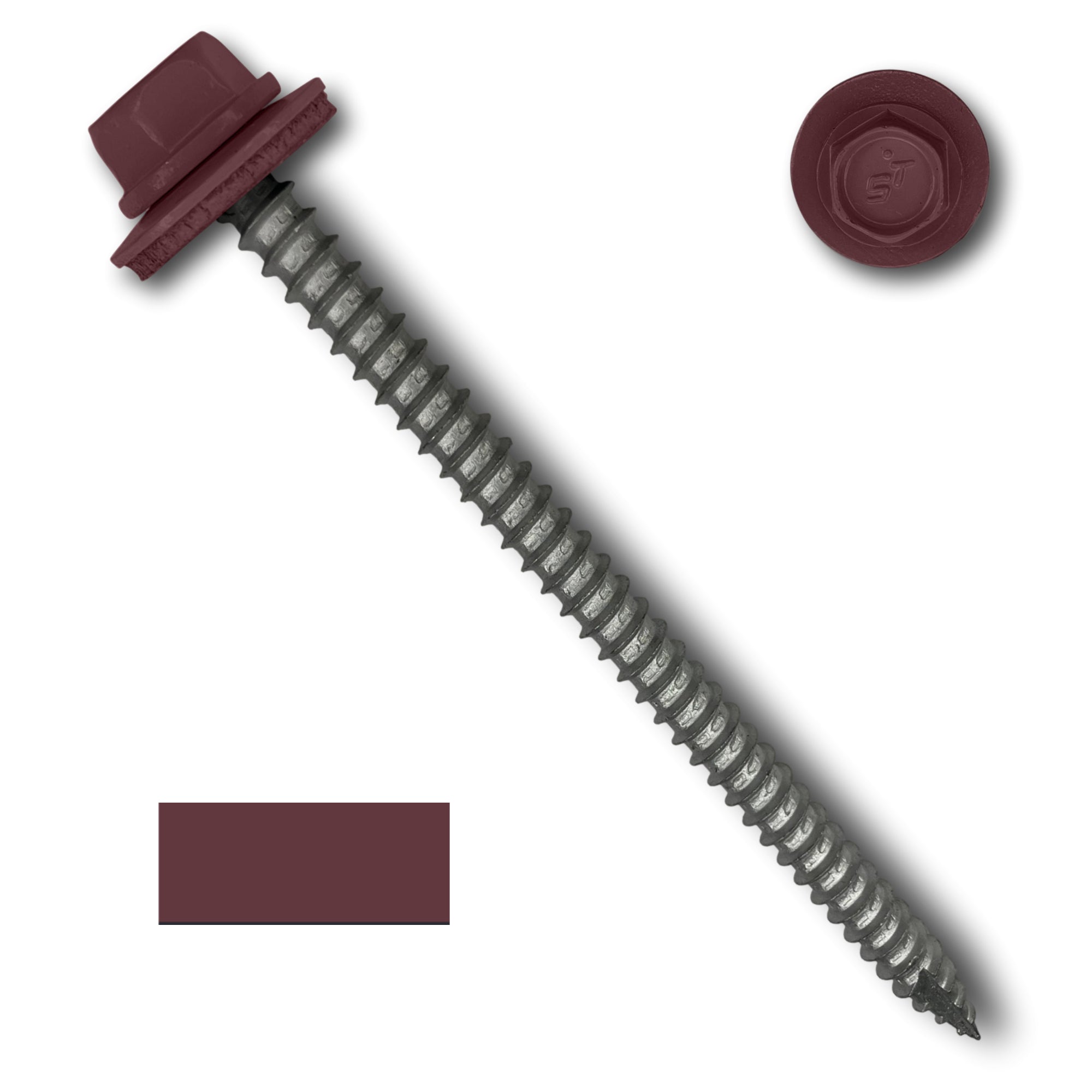A number 14 Diameter Metal Roofing Screw that is 4 inches long with a 5/16 inch Hex Head and an EPDM Rubber Washer. The screw features a Type 17 sharp tip for drilling into wood decking. There is a color swatch of the screw head in the bottom left corner and a close-up of the screw head in the top right corner. The screw head is Burgundy in color.
