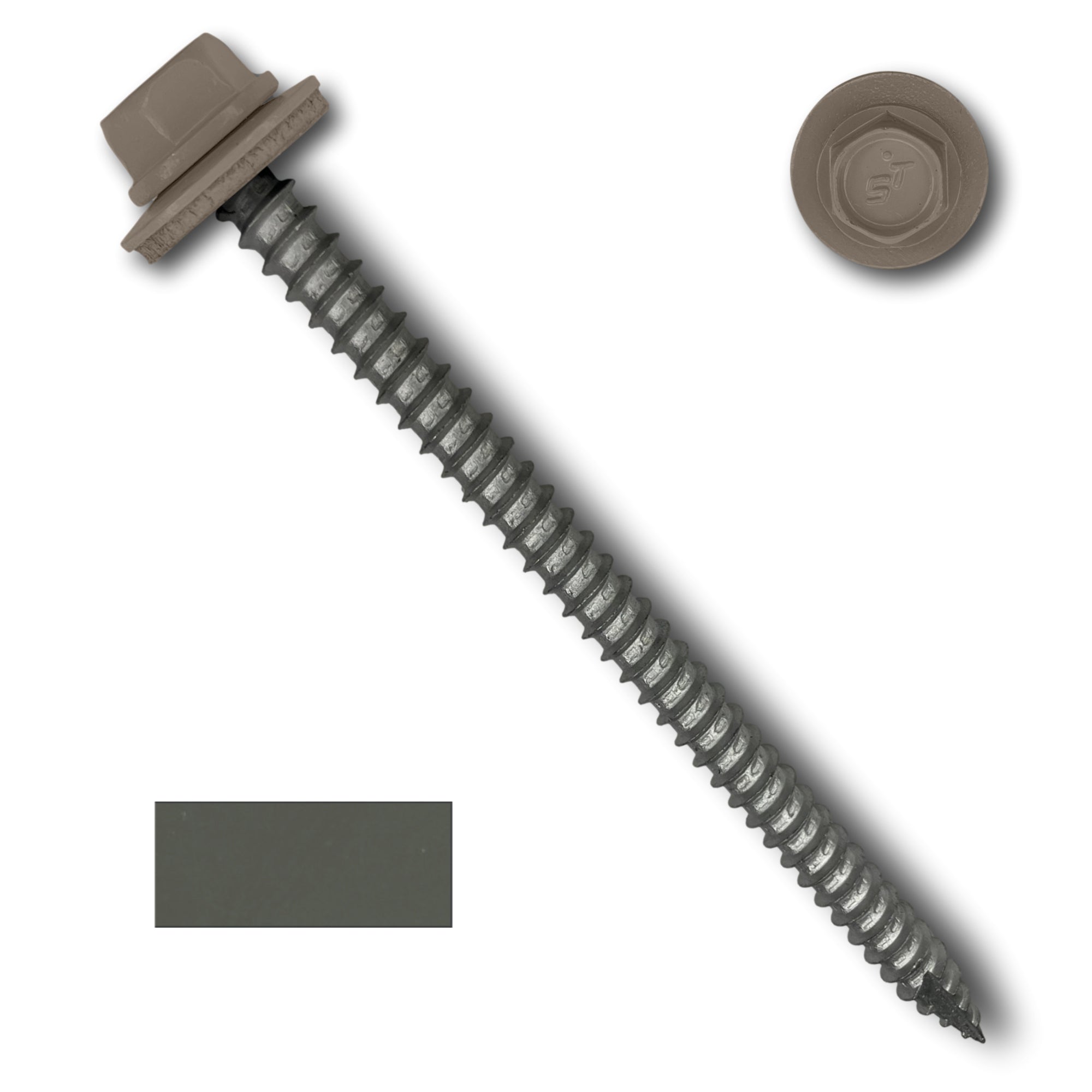 A number 14 Diameter Metal Roofing Screw that is 4 inches long with a 5/16 inch Hex Head and an EPDM Rubber Washer. The screw features a Type 17 sharp tip for drilling into wood decking. There is a color swatch of the screw head in the bottom left corner and a close-up of the screw head in the top right corner. The screw head is Burnished Slate in color.
