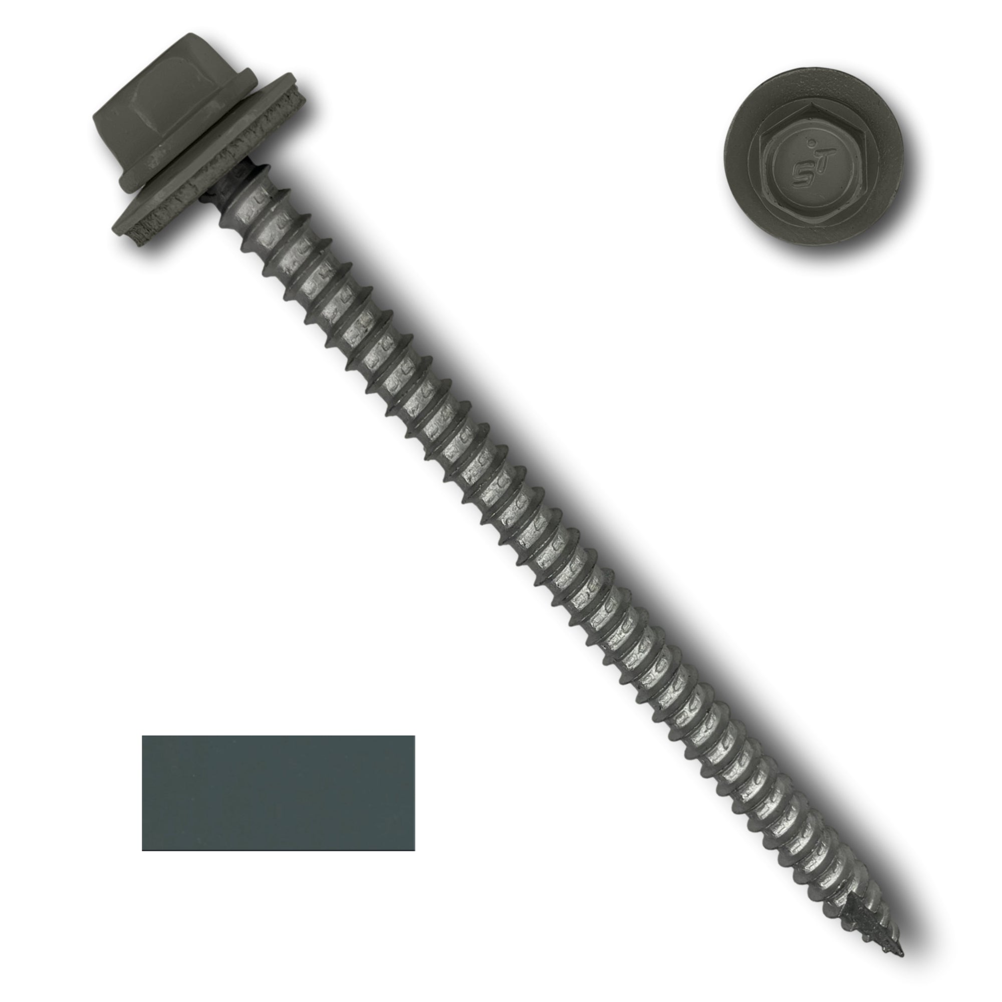 A number 14 Diameter Metal Roofing Screw that is 4 inches long with a 5/16 inch Hex Head and an EPDM Rubber Washer. The screw features a Type 17 sharp tip for drilling into wood decking. There is a color swatch of the screw head in the bottom left corner and a close-up of the screw head in the top right corner. The screw head is Charcoal Gray in color.